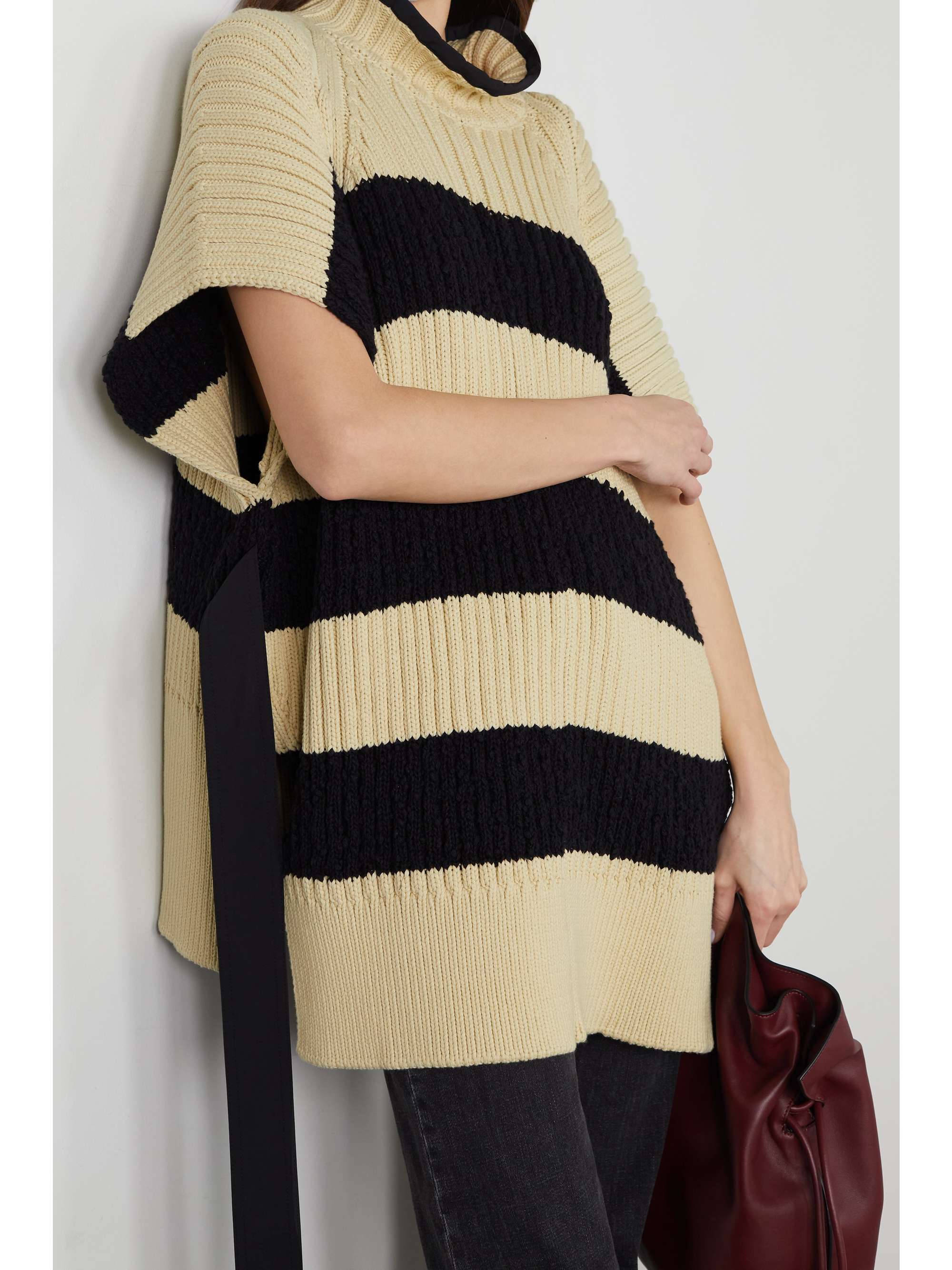 MONCLER GENIUS Belted striped ribbed cotton-blend poncho