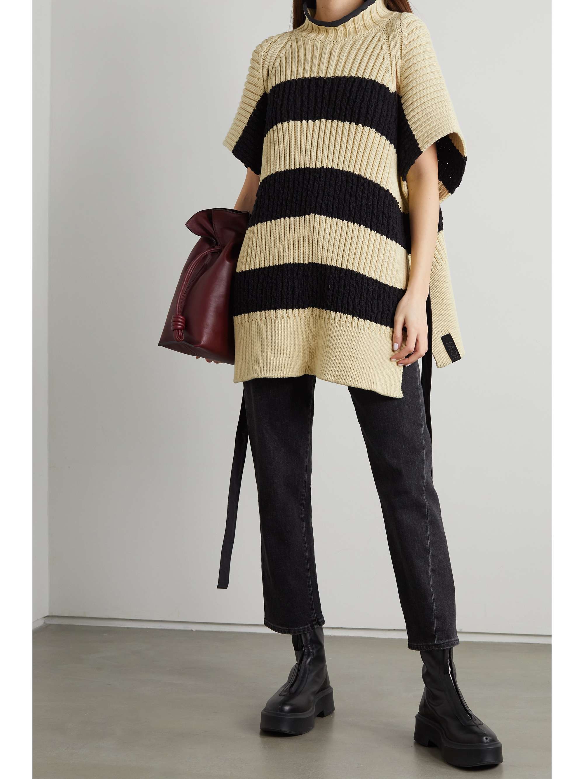 MONCLER GENIUS Belted striped ribbed cotton-blend poncho