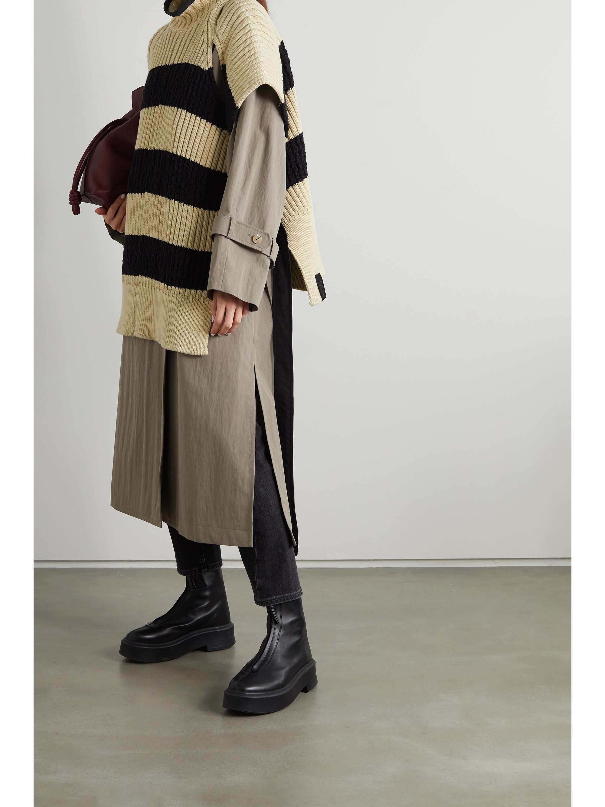 MONCLER GENIUS Belted striped ribbed cotton-blend poncho