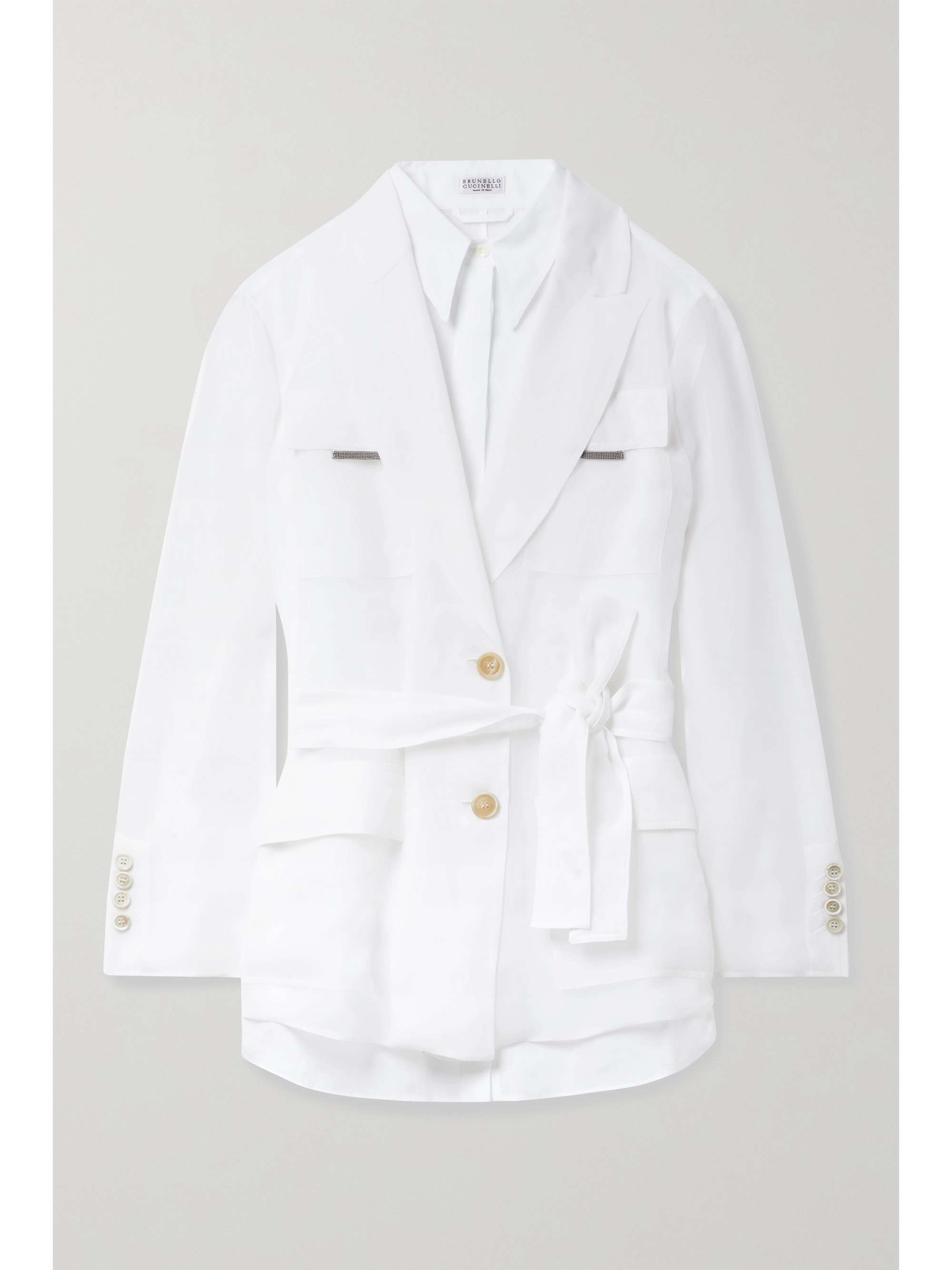 belted white blazer