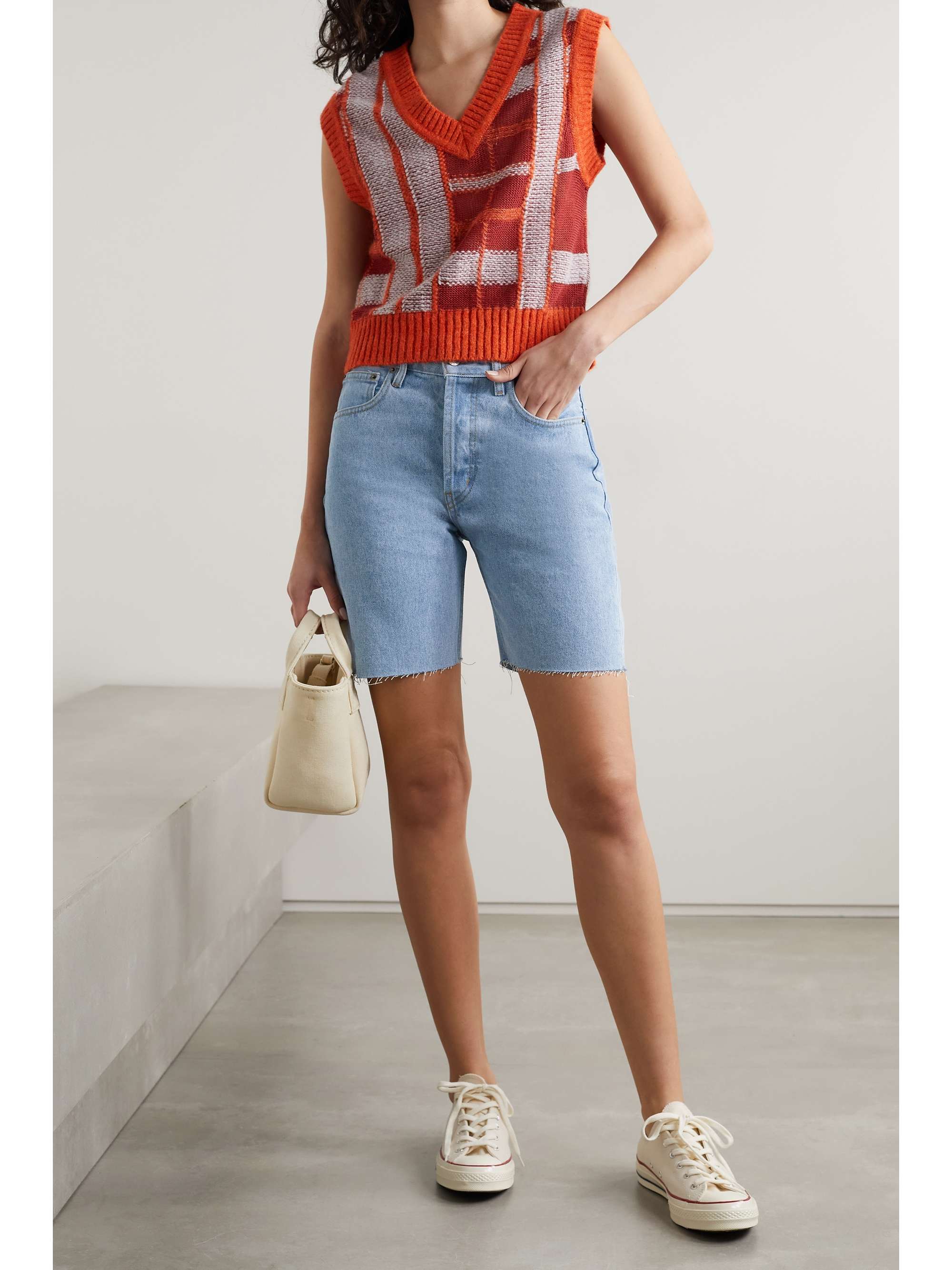 STILL HERE Sunset frayed striped denim shorts