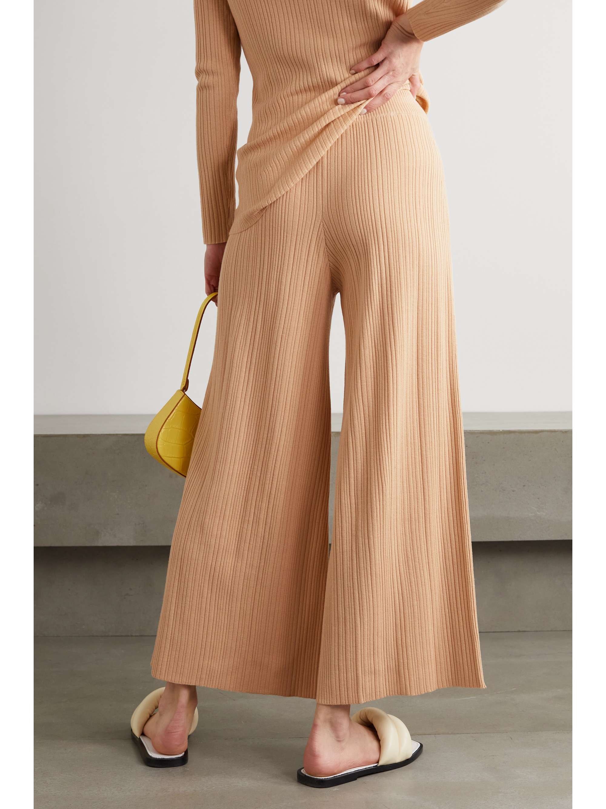 Beige Cropped ribbed Lyocell-blend wide 