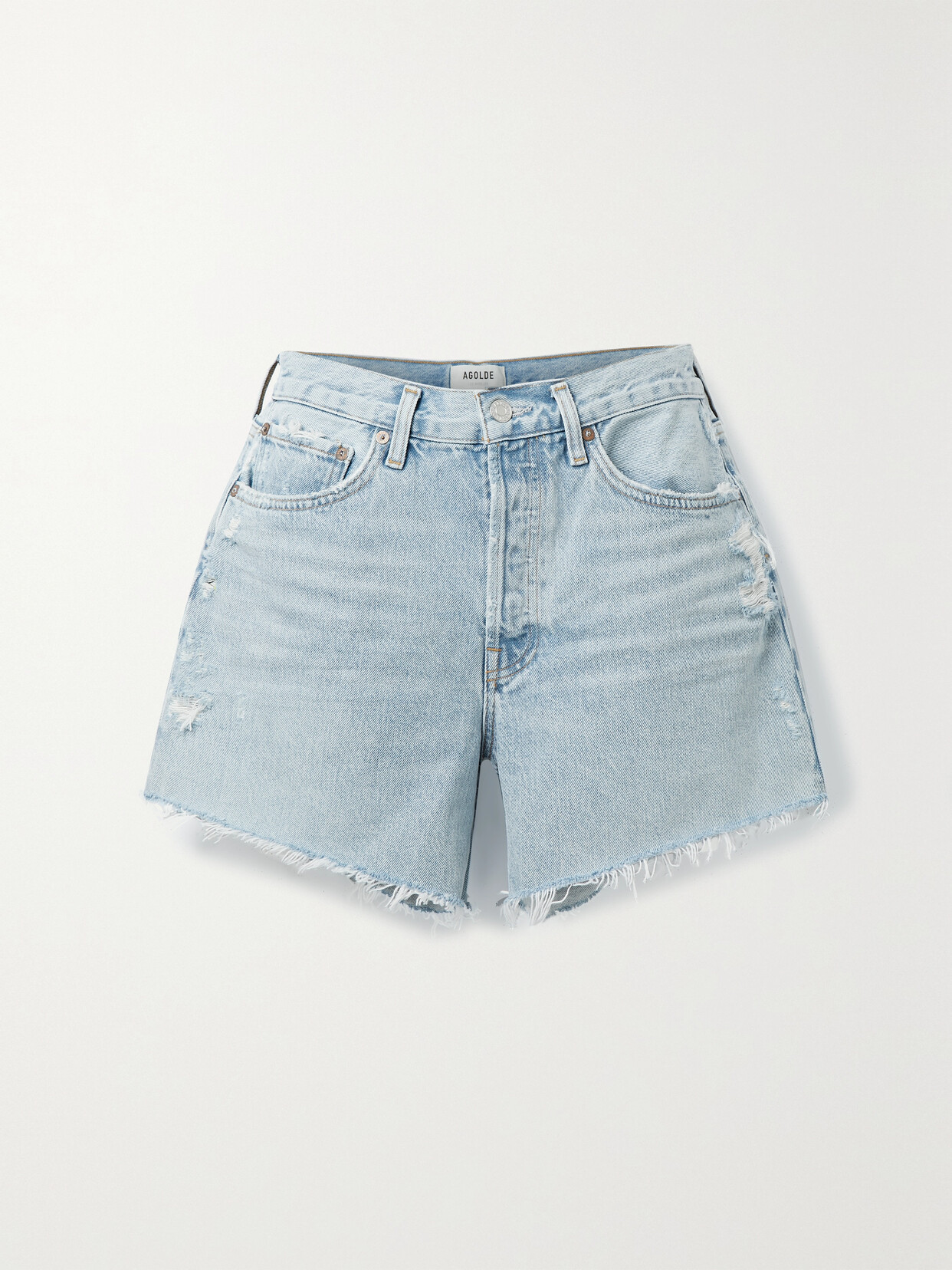 AGOLDE + NET SUSTAIN PARKER LONG DISTRESSED ORGANIC DENIM SHORTS