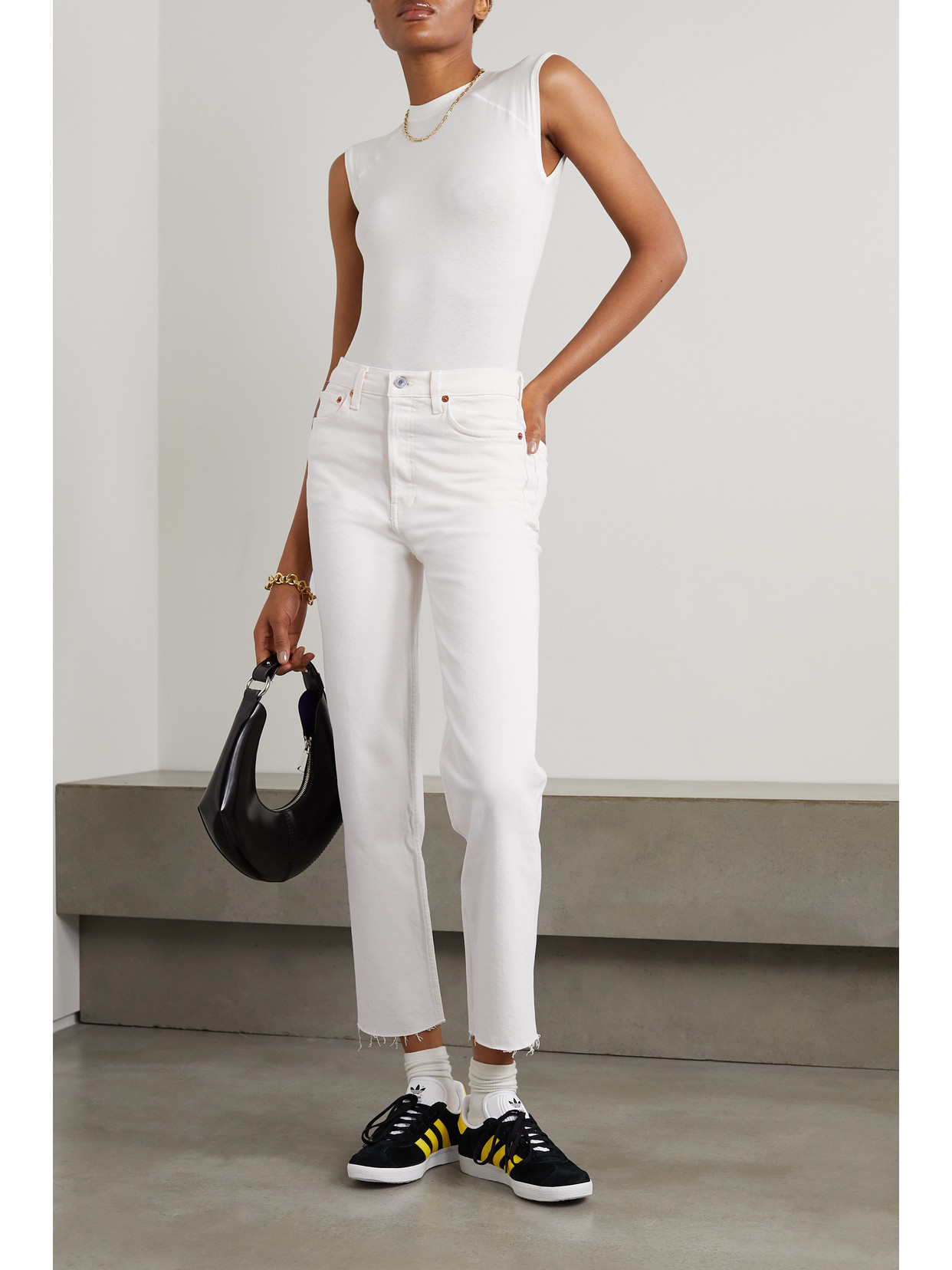 Re/done High Rise Stove Pipe Straight Jeans In Vintage White Worn In Off-white