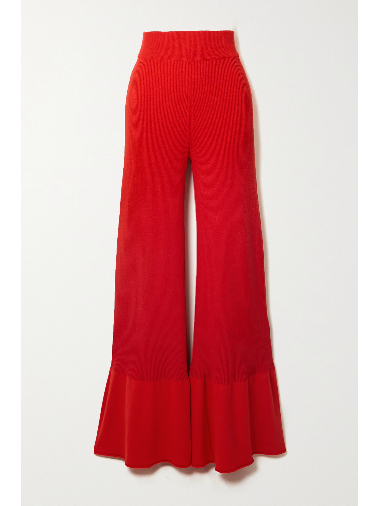 Stella Mccartney Fluted Ribbed Organic Cotton-blend Flared Pants In Red