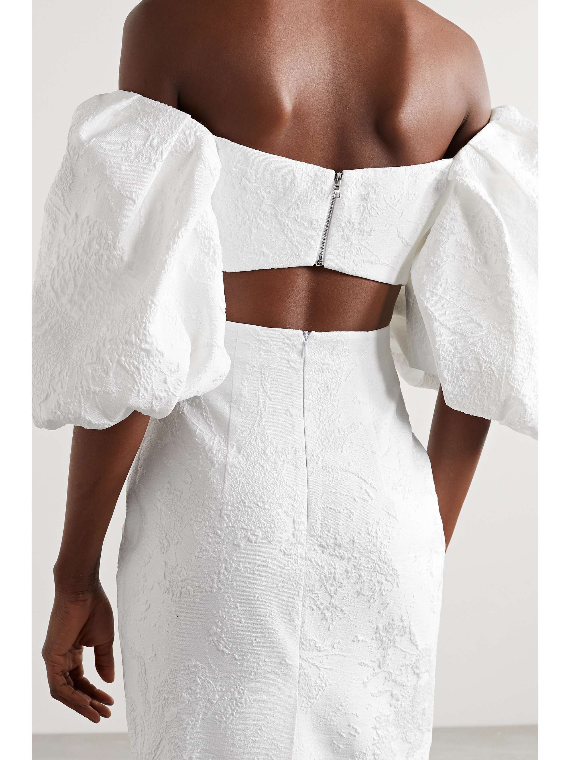 RASARIO Cropped off-the-shoulder metallic jacquard top