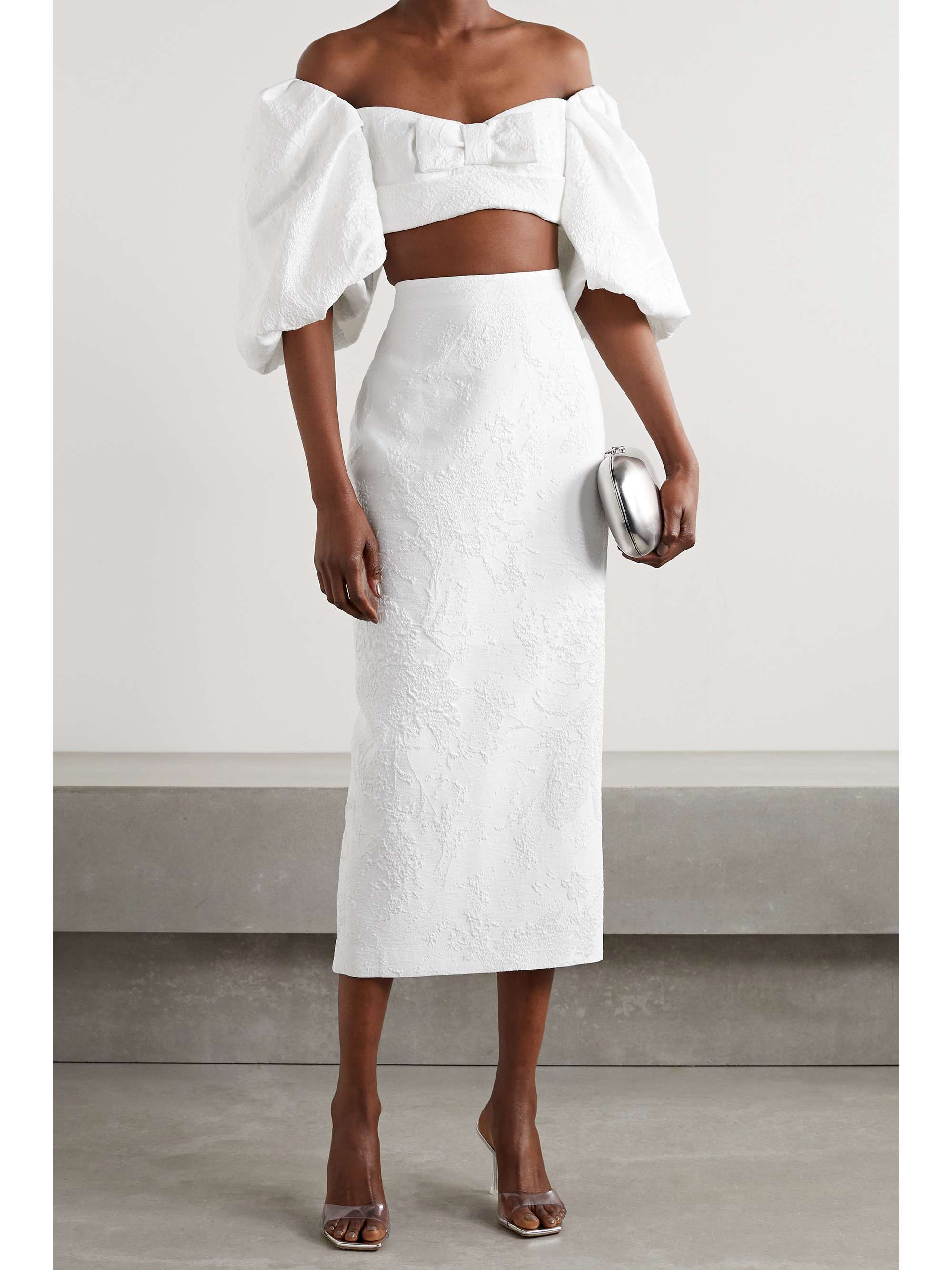 RASARIO Cropped off-the-shoulder metallic jacquard top