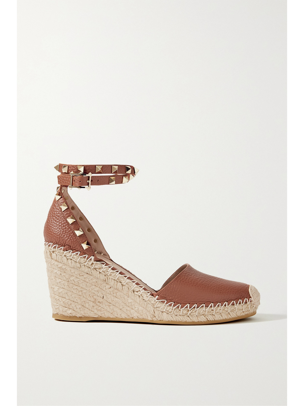 VALENTINO GARAVANI ROCKSTUD 85 TEXTURED-LEATHER WEDGE ESPADRILLES