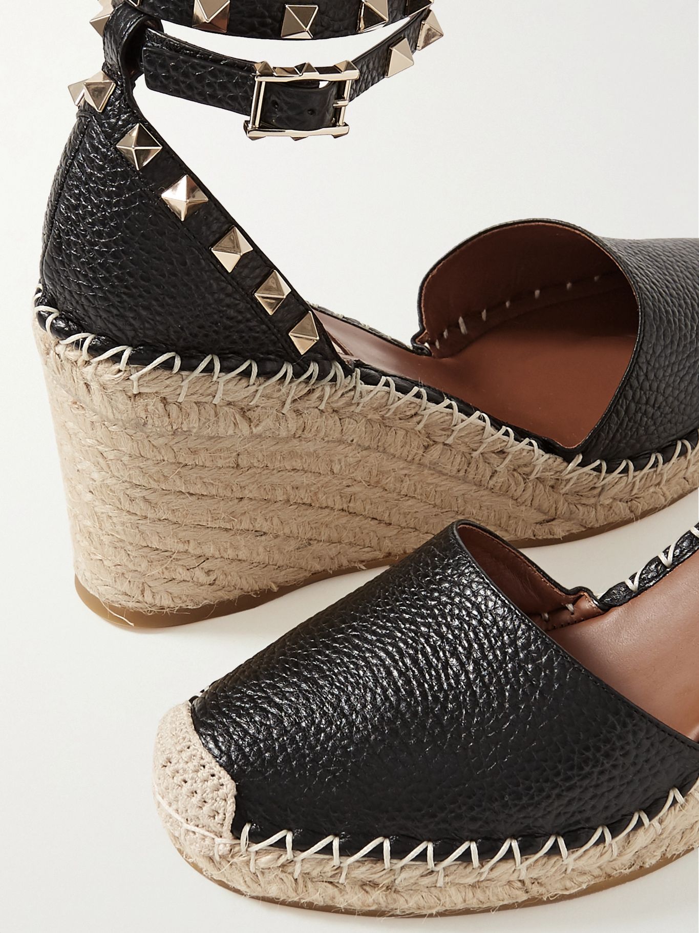 Black Valentino Garavani Rockstud 85 textured-leather wedge espadrilles