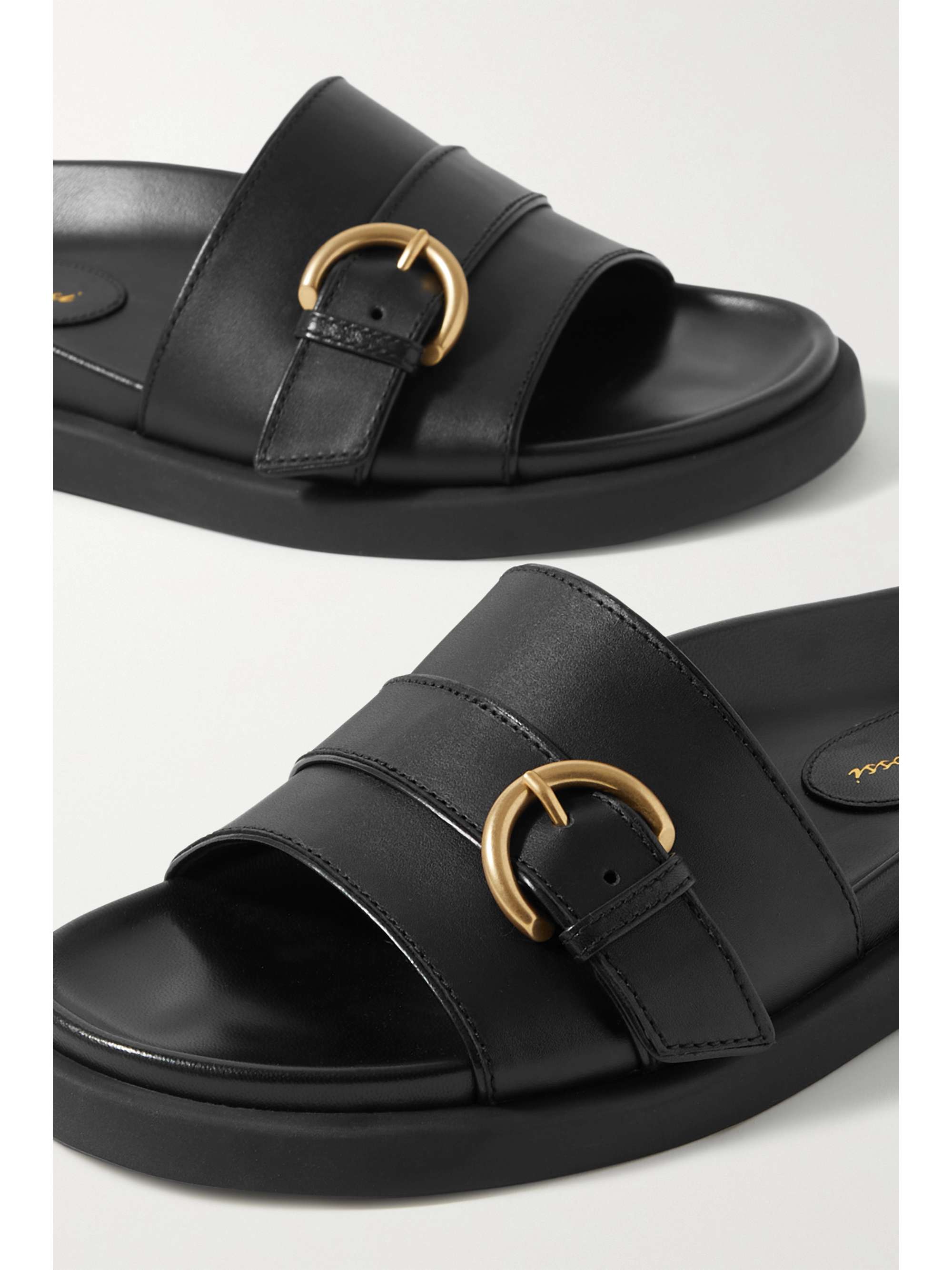 buckled leather slides
