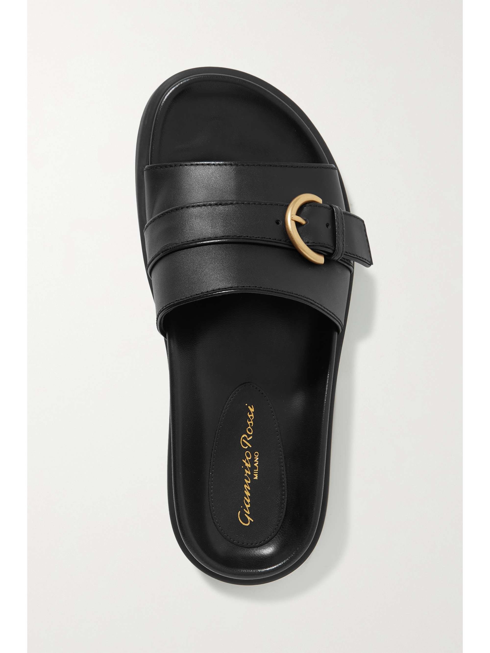buckled leather slides