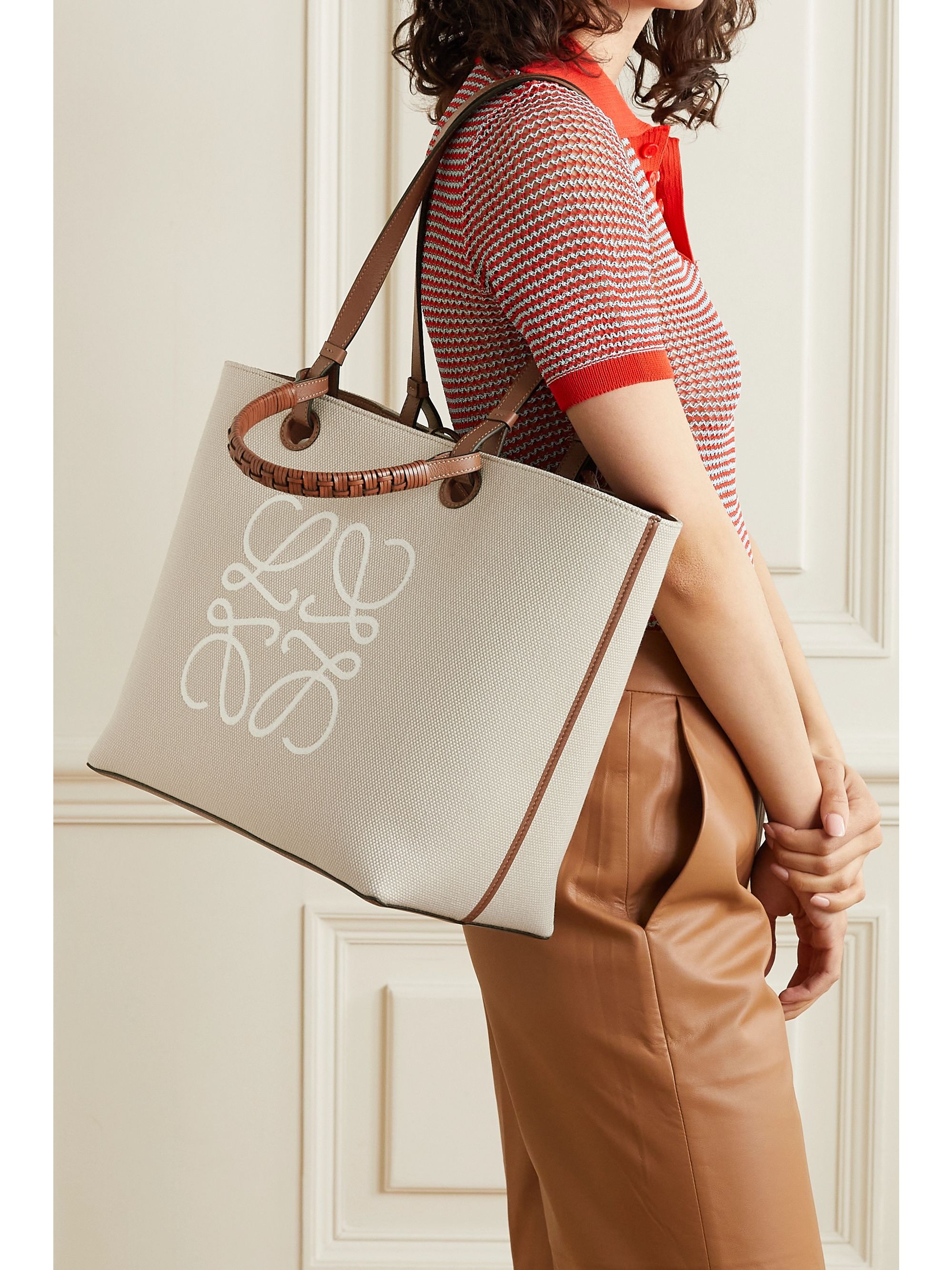Beige Anagram medium leathertrimmed embroidered canvas tote LOEWE