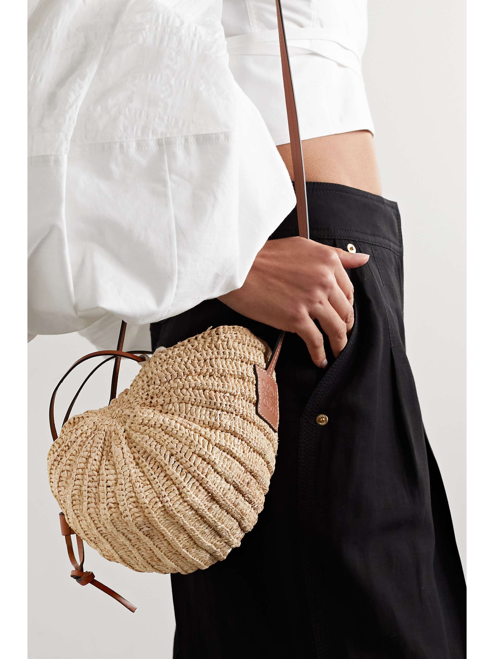 LOEWE + Paula's Ibiza Moon Shell leather-trimmed raffia and hemp shoulder bag