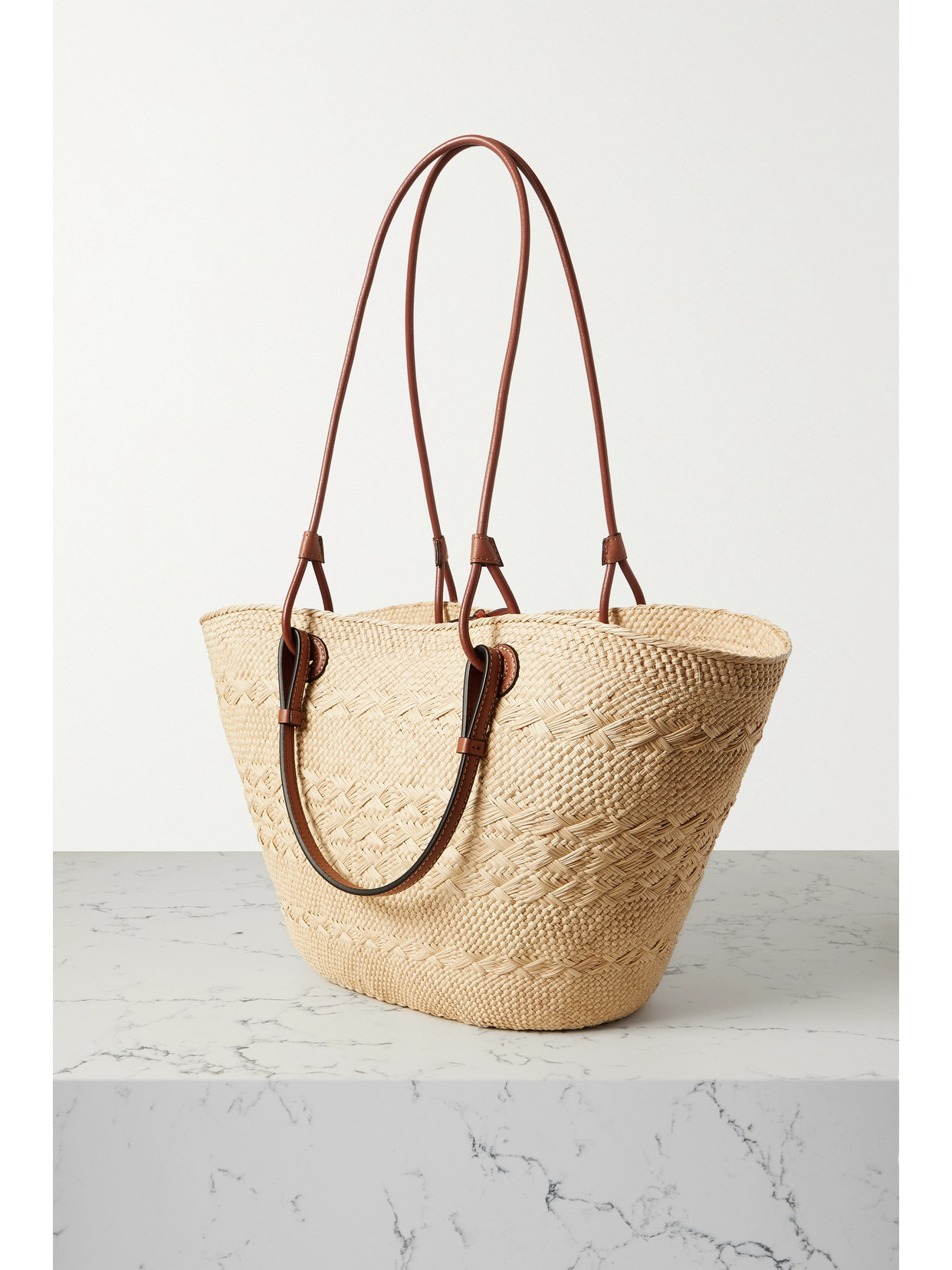 Shop Loewe + Paula's Ibiza Medium Leather-trimmed Woven Raffia Tote In Tan