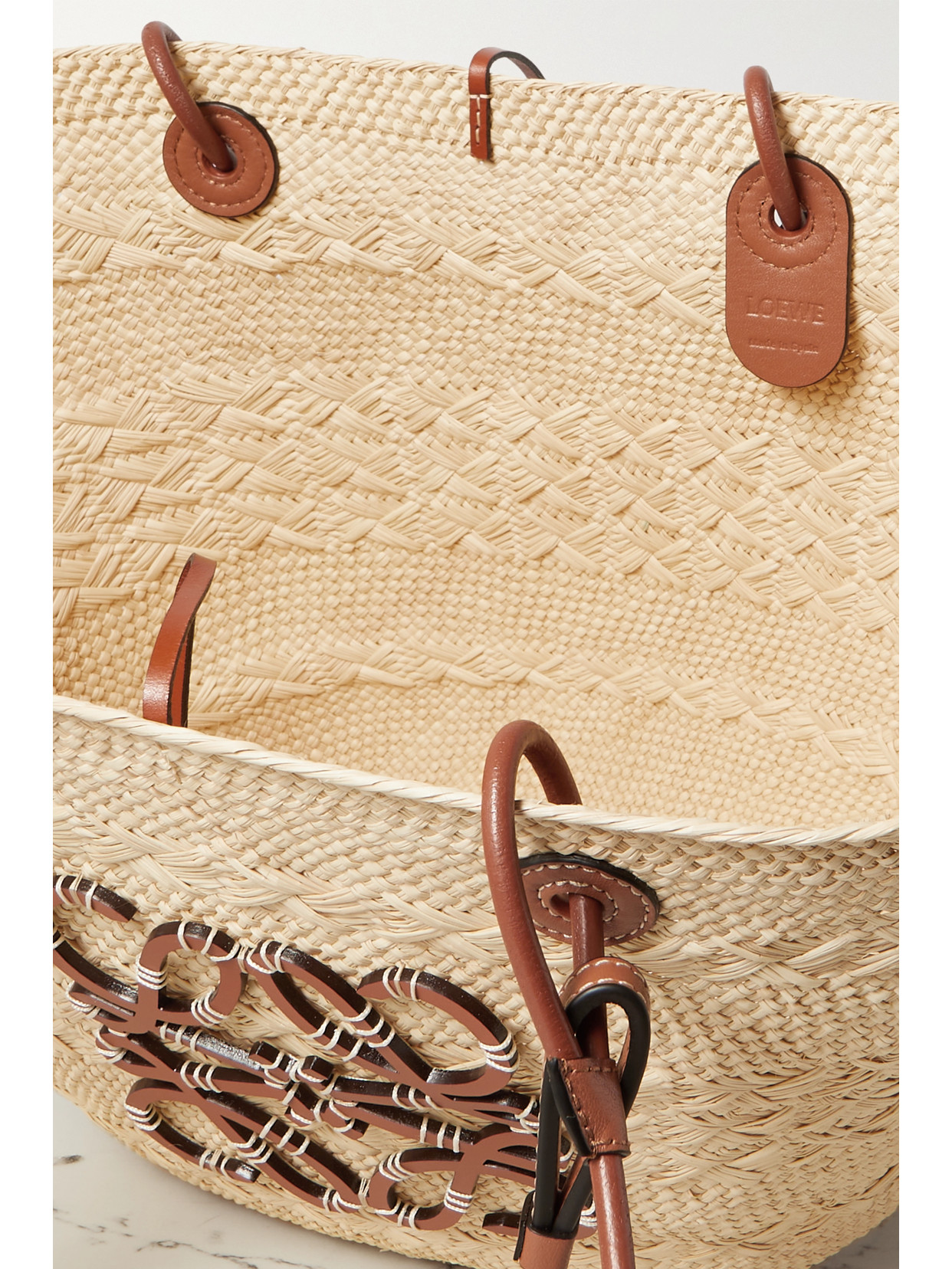 Shop Loewe + Paula's Ibiza Medium Leather-trimmed Woven Raffia Tote In Tan