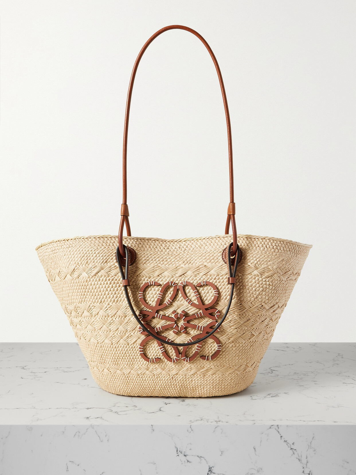 Shop Loewe + Paula's Ibiza Medium Leather-trimmed Woven Raffia Tote In Tan