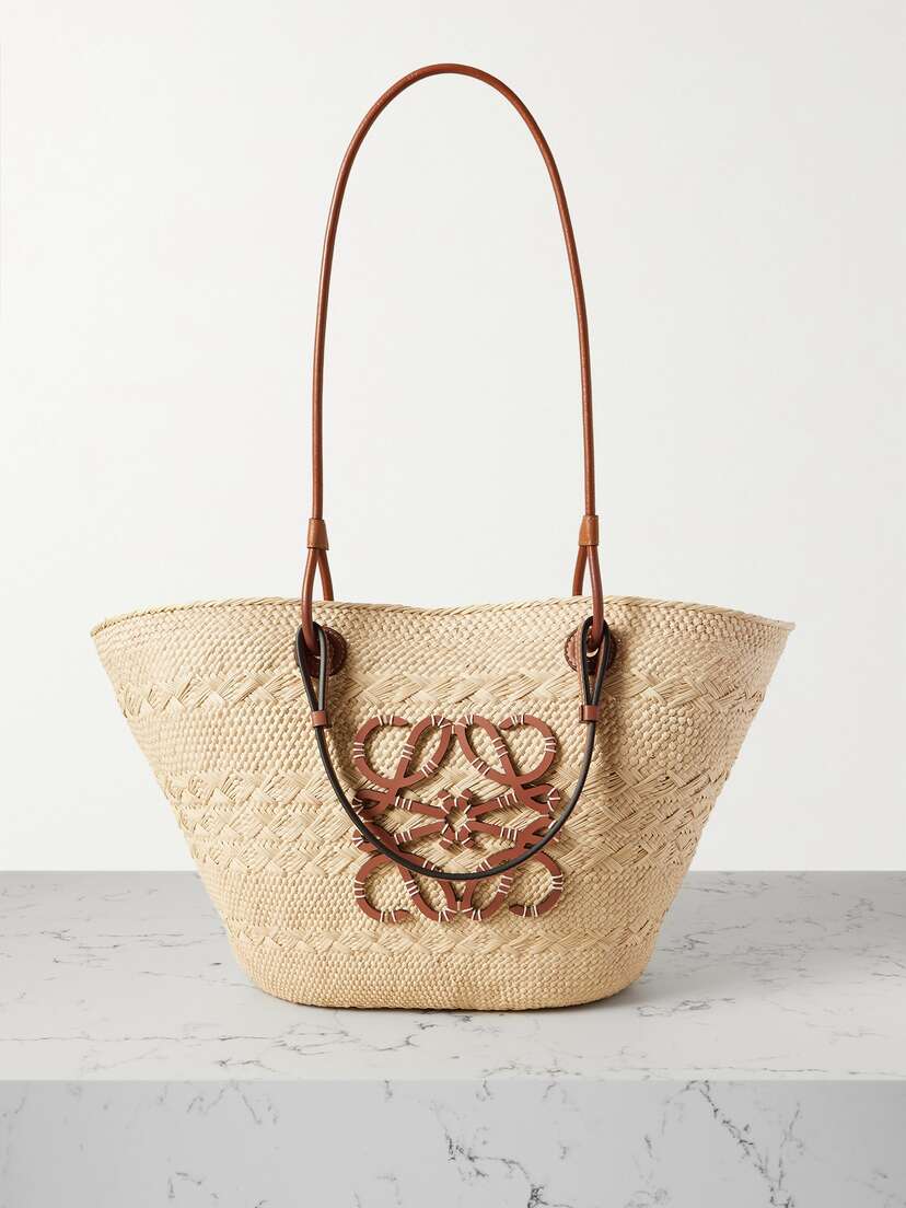 Loewe + Paula's Ibiza Anagram Medium Leather-trimmed Woven Raffia Tote