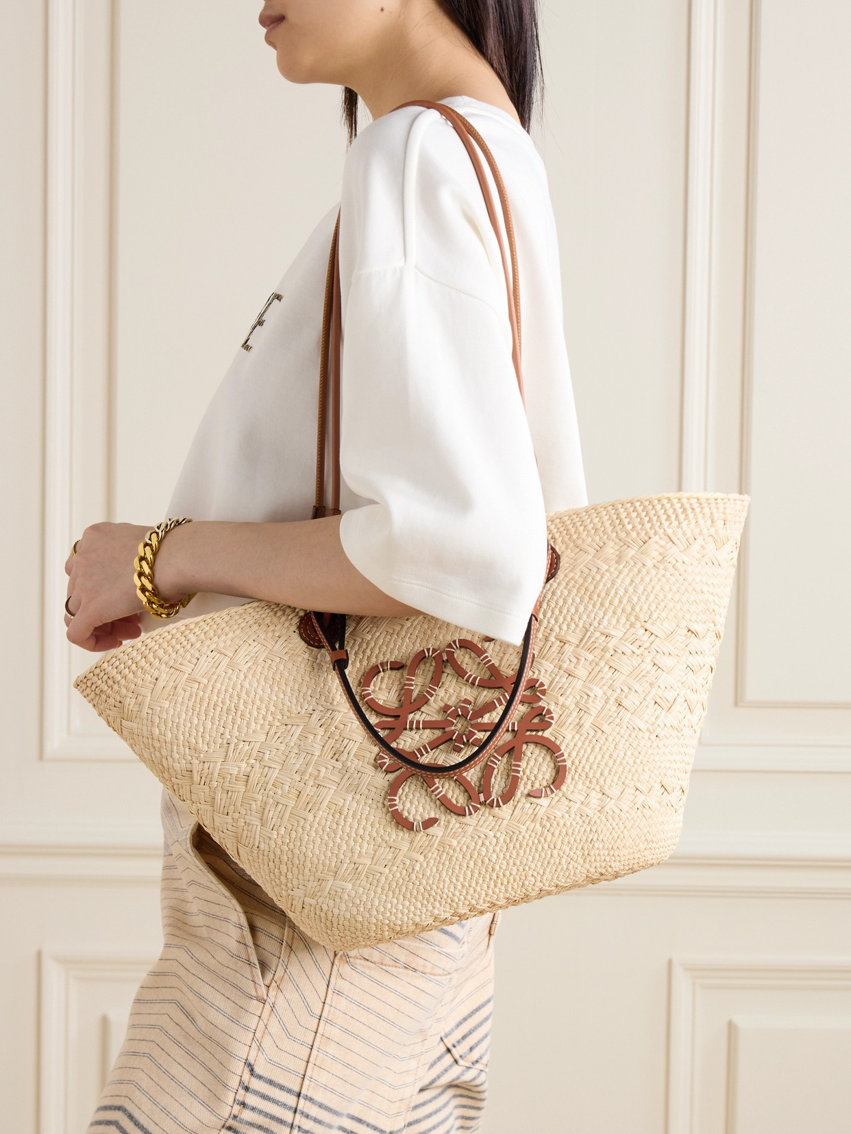 Shop Loewe + Paula's Ibiza Medium Leather-trimmed Woven Raffia Tote In Tan