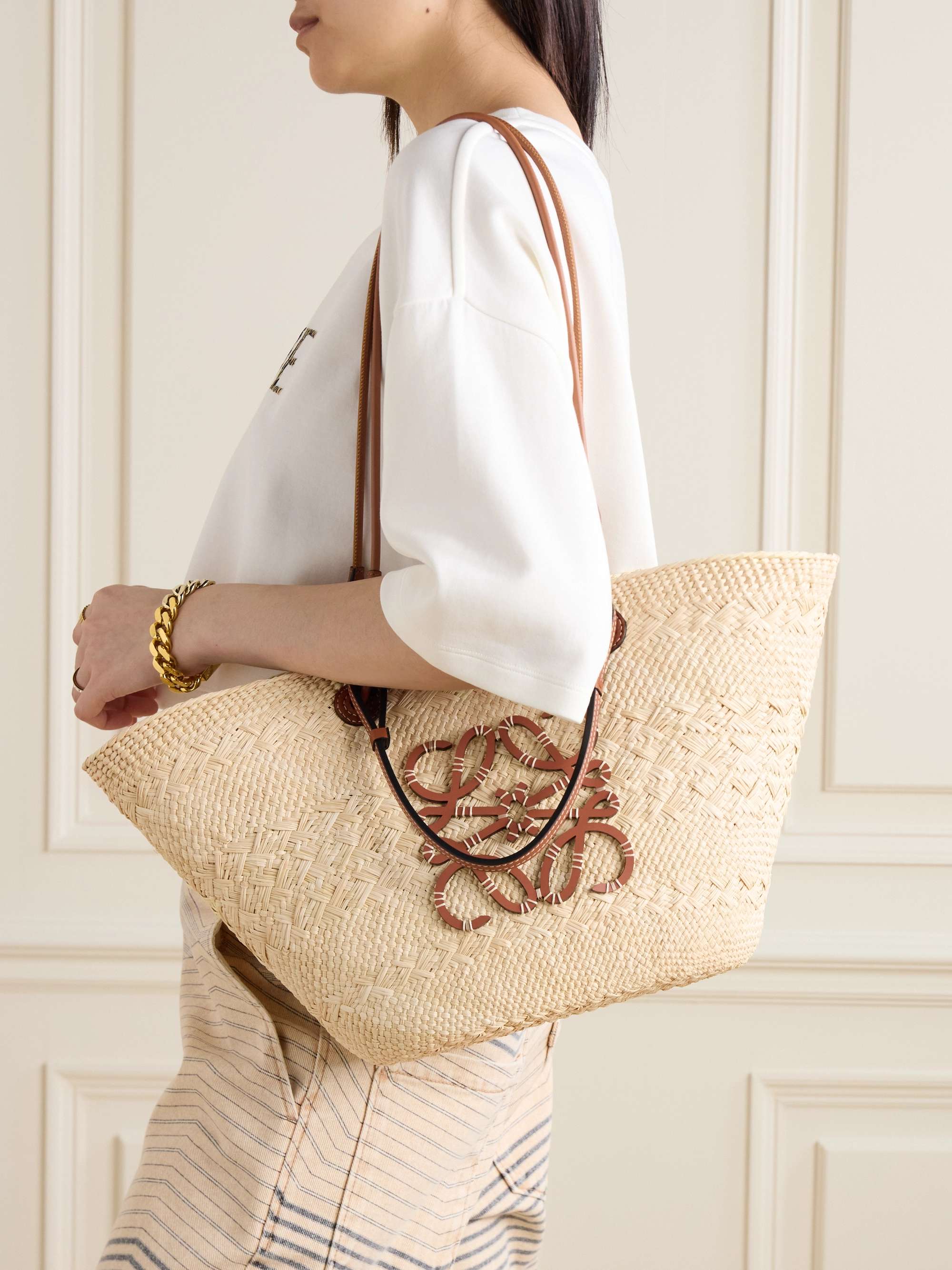 + Paula's Ibiza small leather-trimmed woven raffia tote