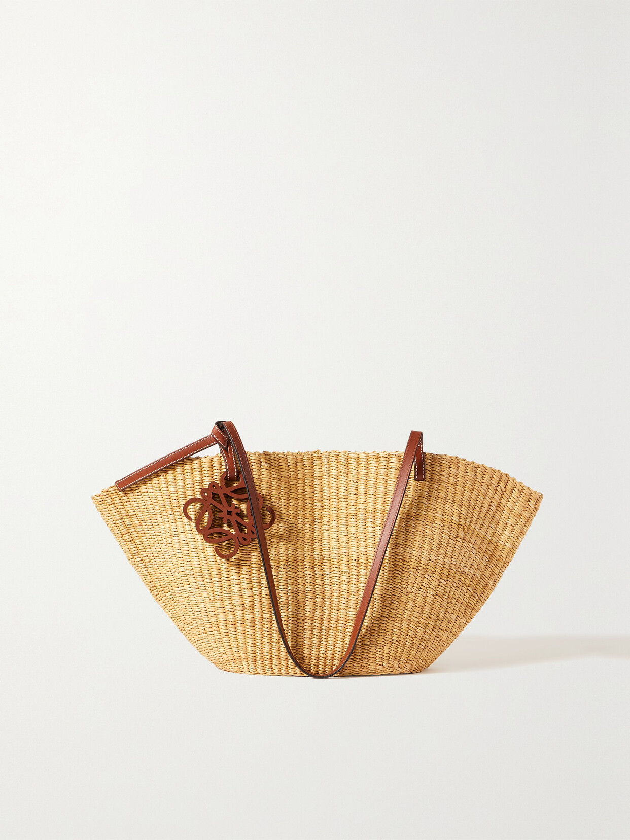 Loewe Shell Small Leather-trimmed Raffia Tote In Brown