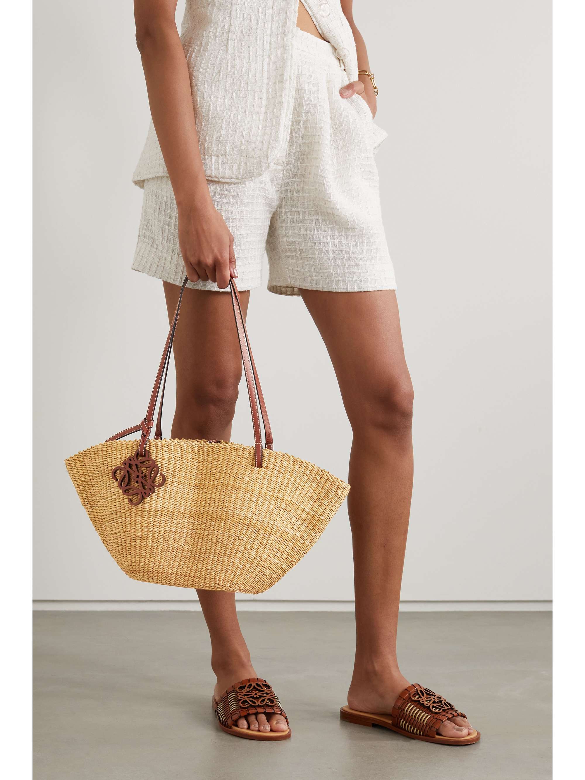 LOEWE Shell small leather-trimmed raffia tote