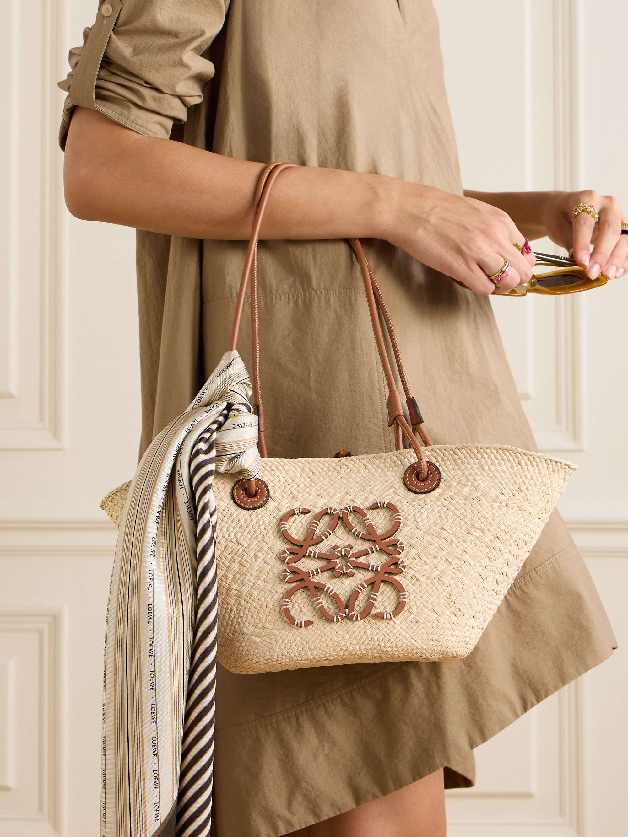 + Paula's Ibiza medium leather-trimmed woven raffia tote