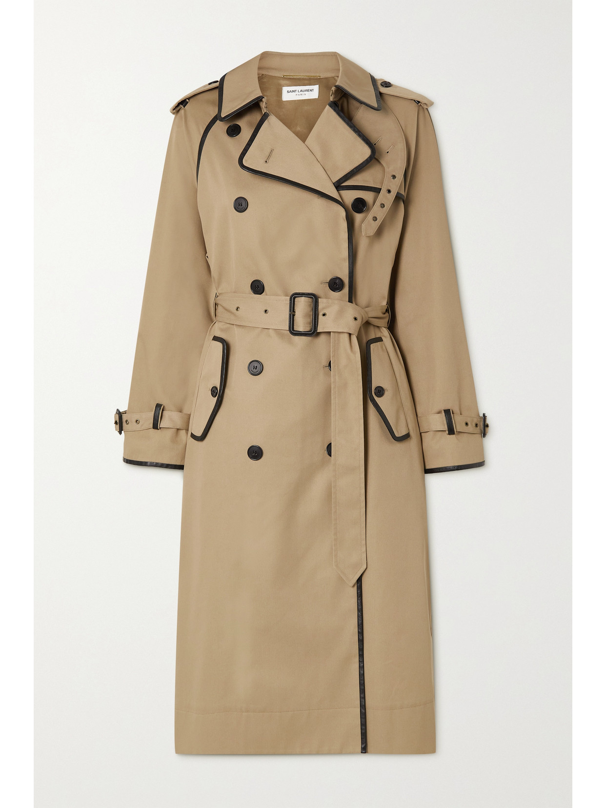 SAINT LAURENT BELTED LEATHER-TRIMMED GABARDINE TRENCH COAT