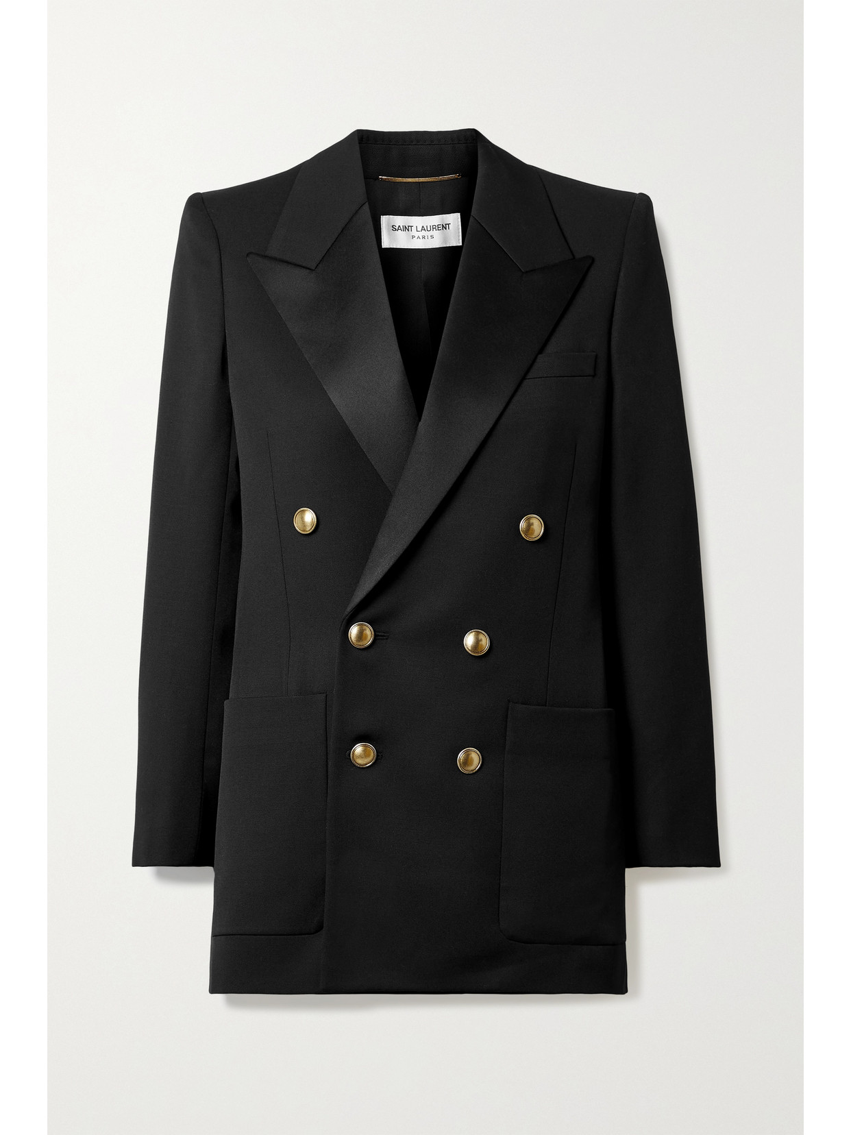 SAINT LAURENT DOUBLE-BREASTED SATIN AND GRAIN DE POUDRE WOOL BLAZER