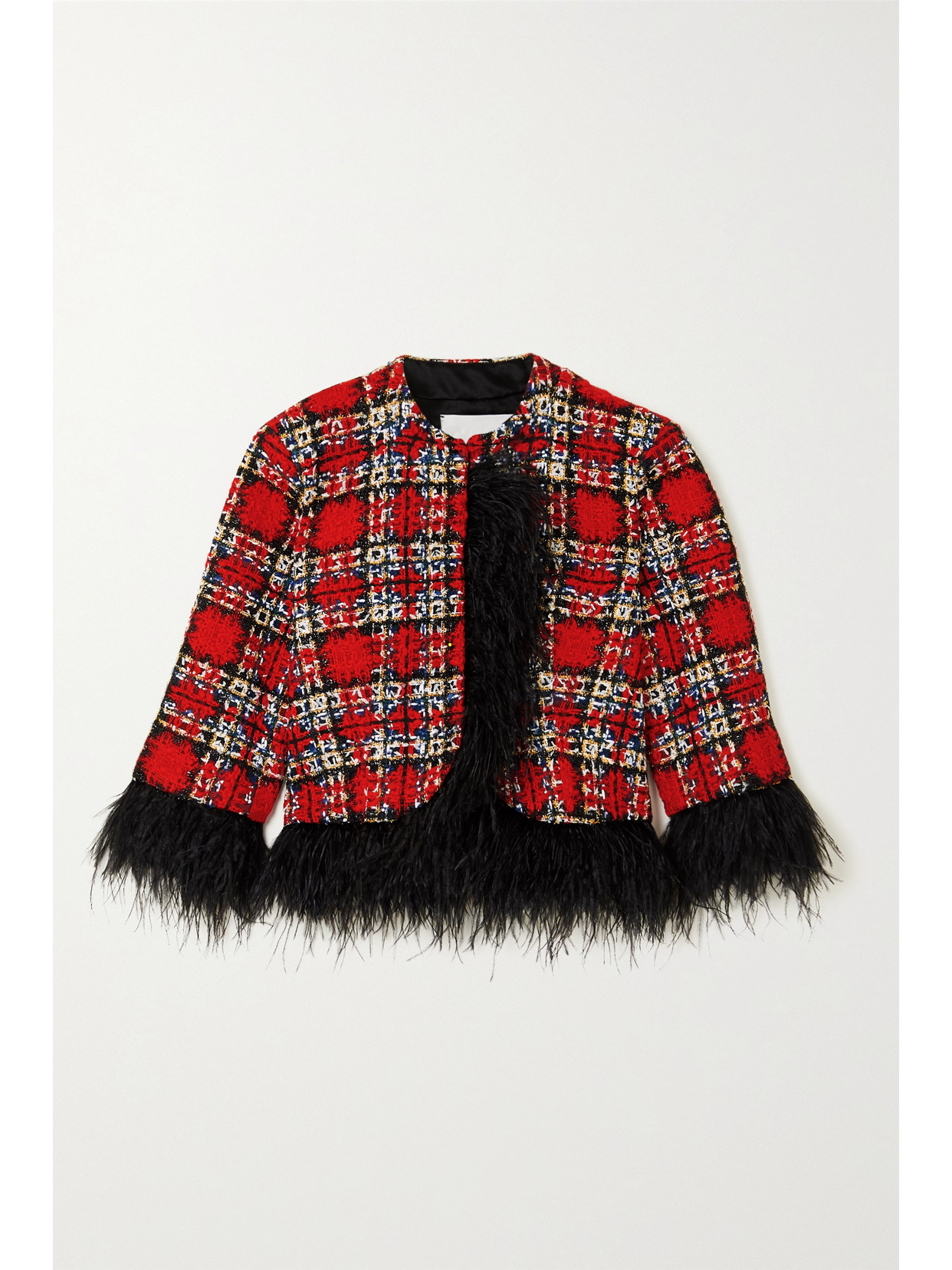 HALPERN CROPPED FEATHER-TRIMMED CHECKED TWEED JACKET