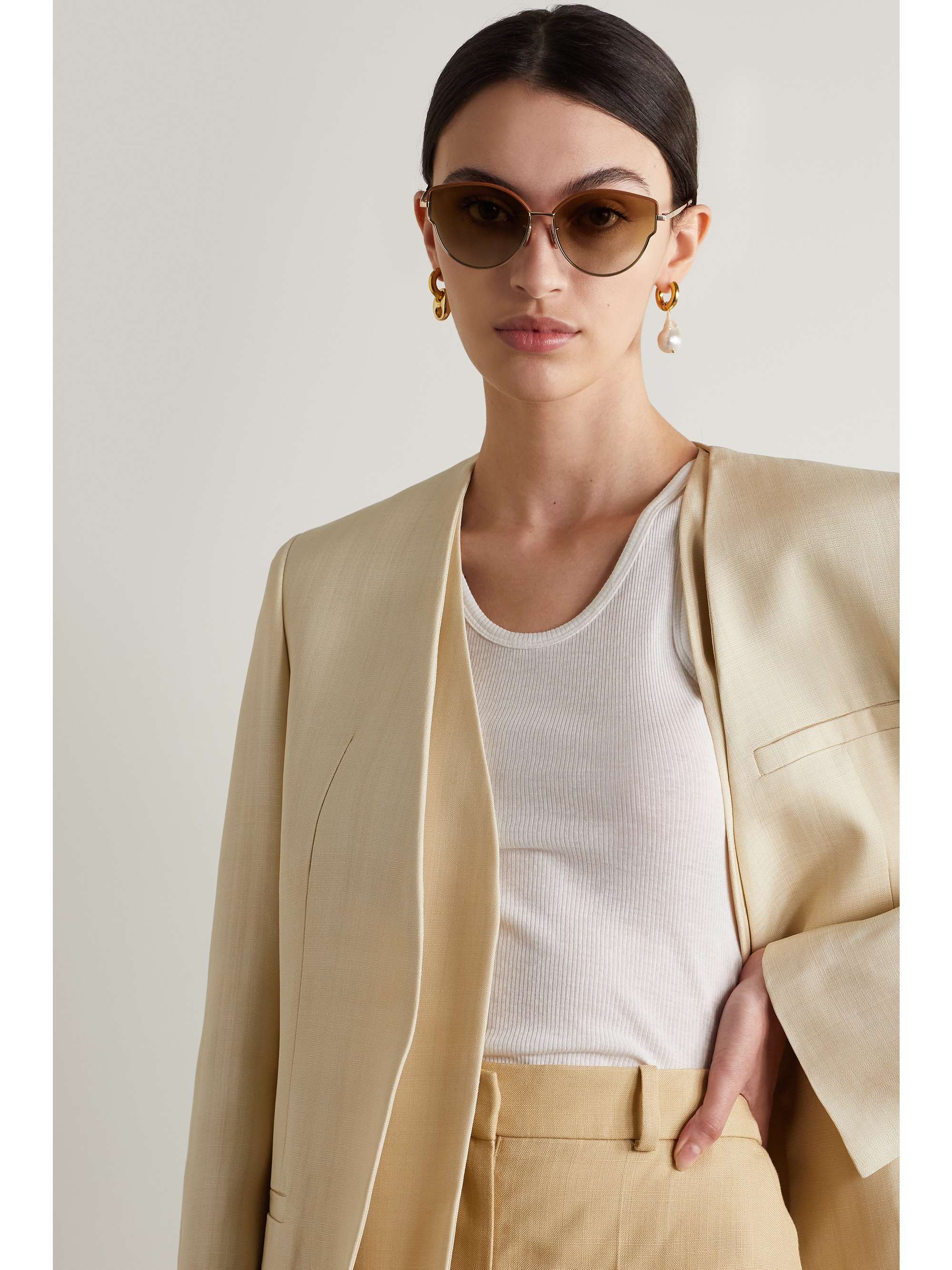 LOEWE EYEWEAR Cat-eye leather-trimmed gold-tone and tortoiseshell acetate sunglasses