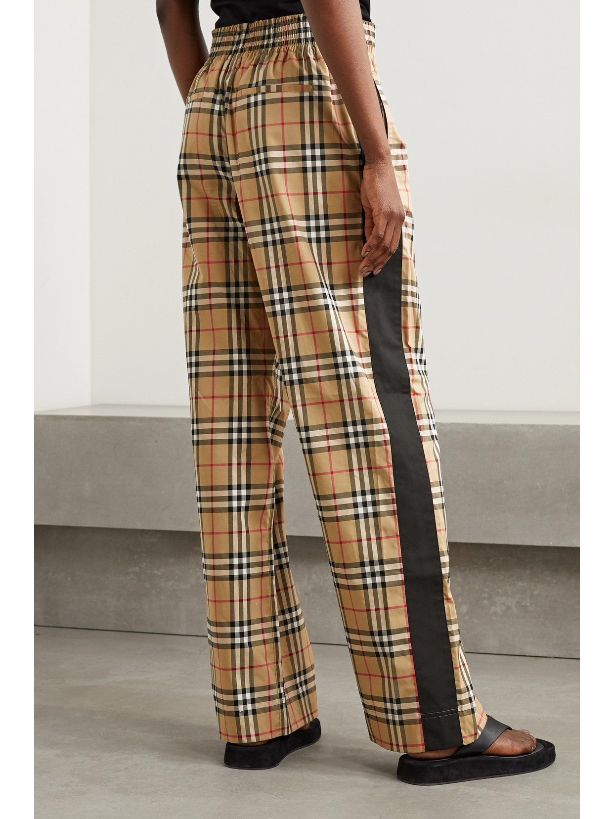 Shop Burberry Striped Checked Cotton-blend Wide-leg Pants In Beige