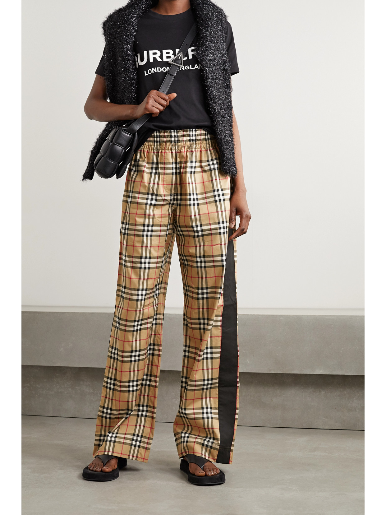 Shop Burberry Striped Checked Cotton-blend Wide-leg Pants In Beige