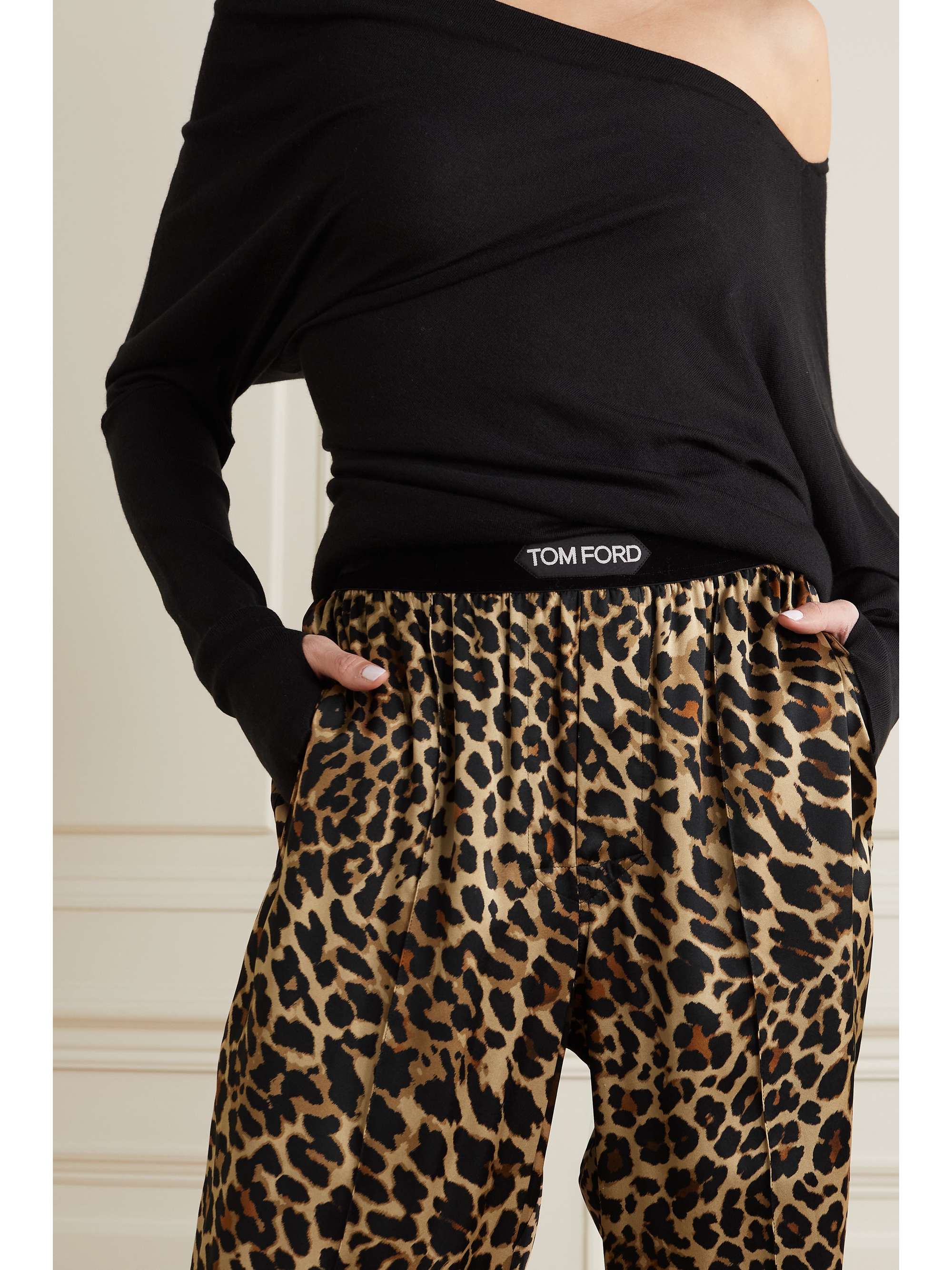 TOM FORD Velvet-trimmed leopard-print stretch-silk satin pants