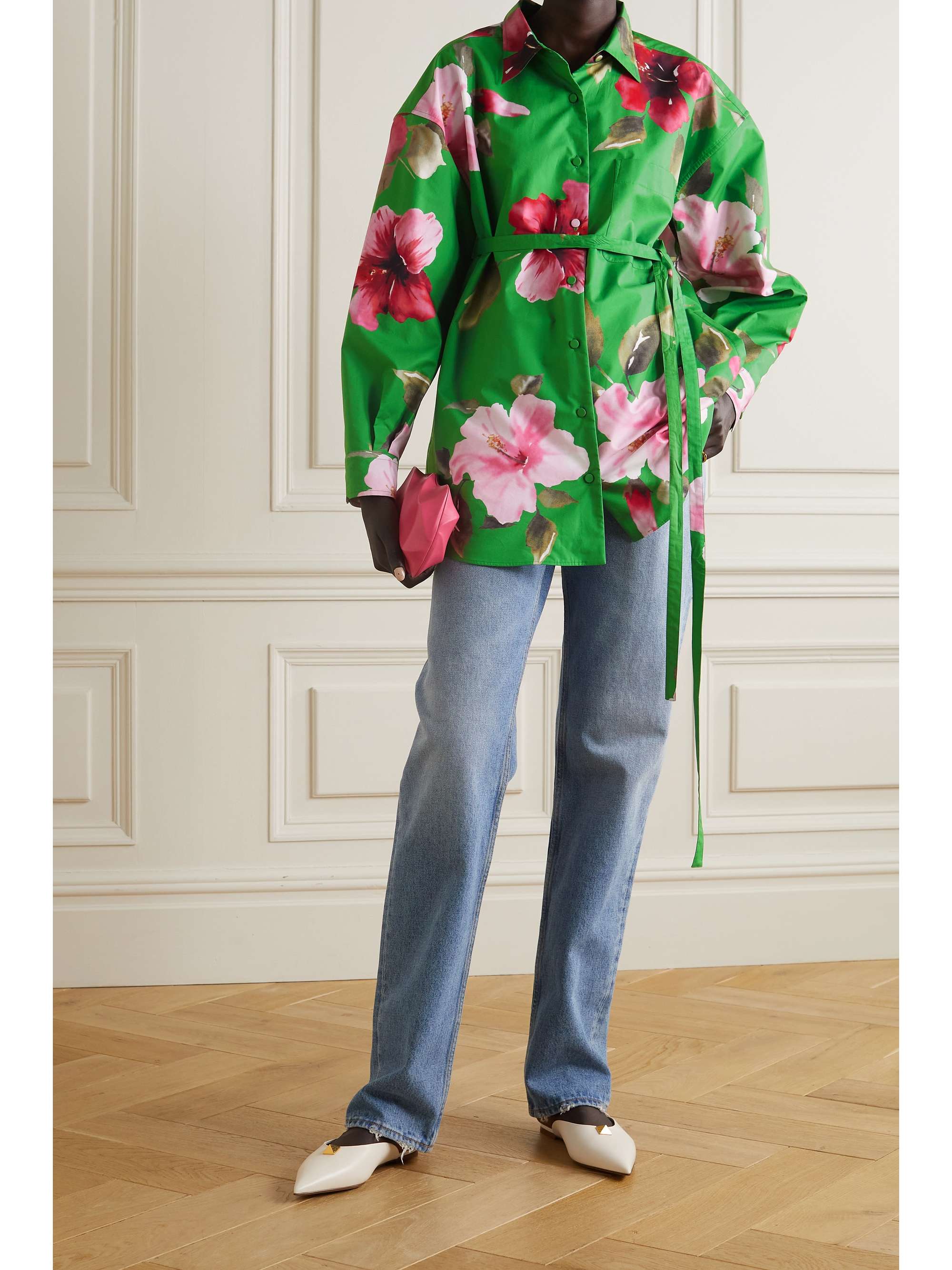 Green Oversized belted cotton-poplin 