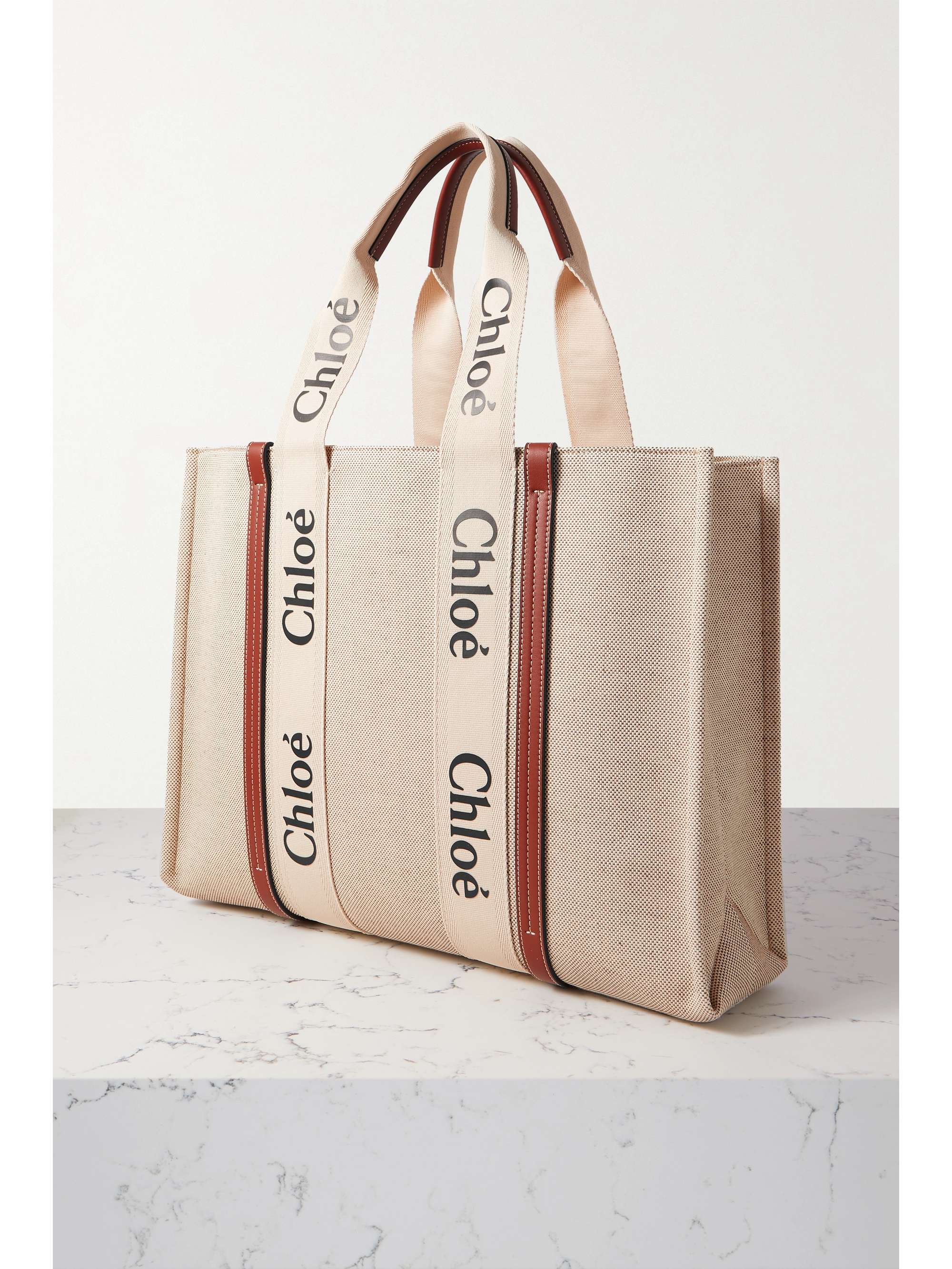CHLOÉ Woody large leather-trimmed cotton-canvas tote