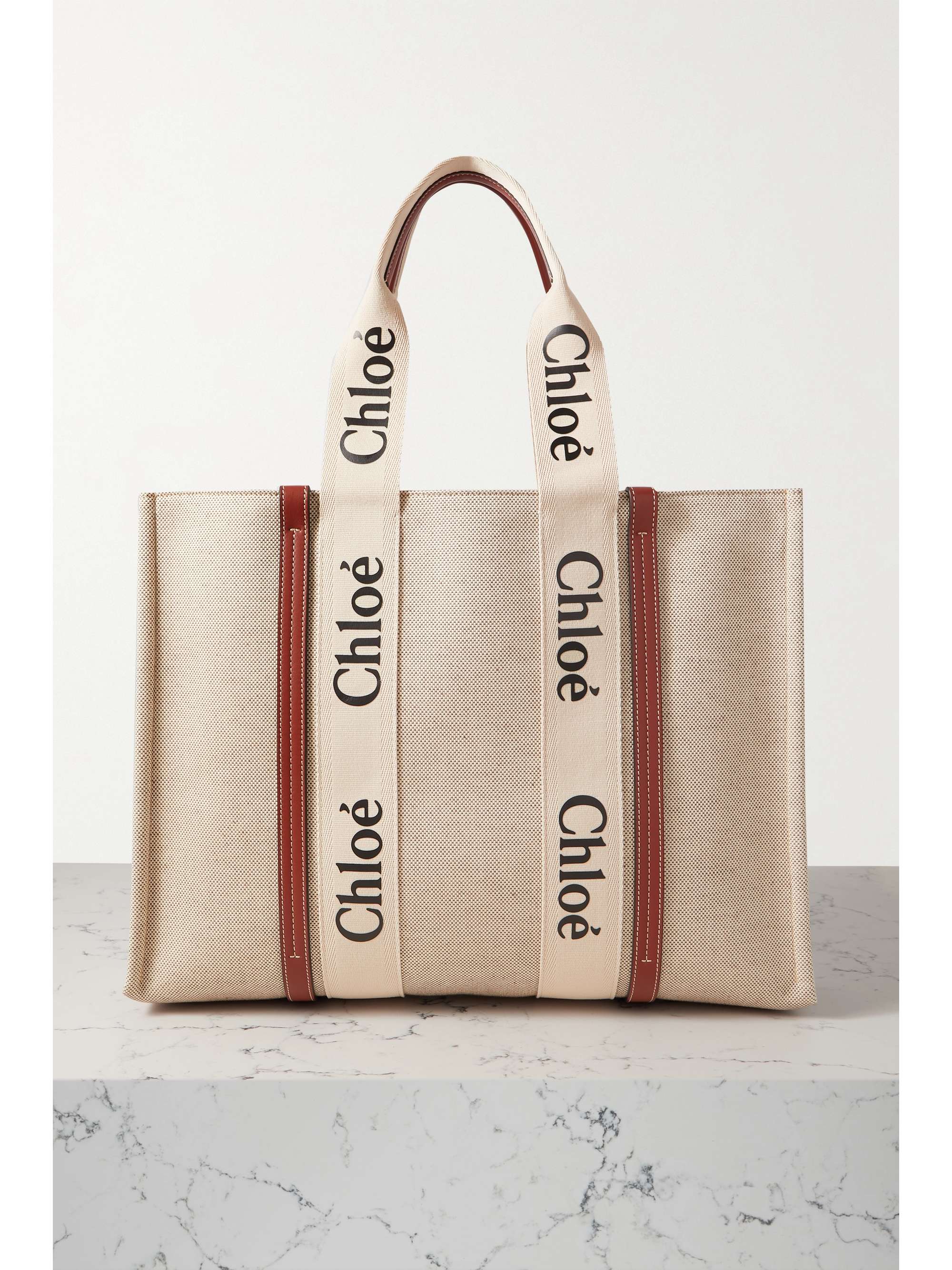 CHLOÉ Woody large leather-trimmed cotton-canvas tote | NET-A-PORTER