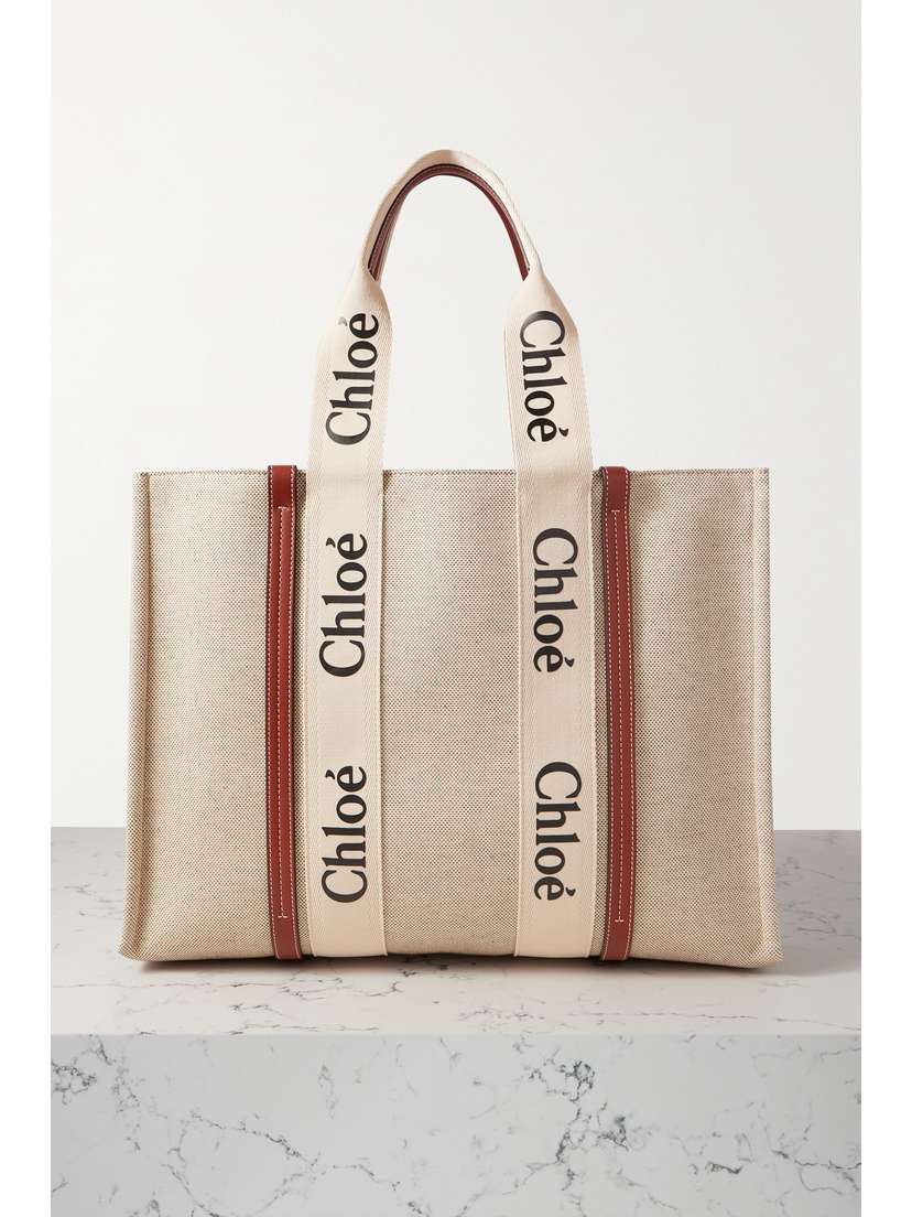 Chloé Woody Large Leather-trimmed Cotton-canvas Tote