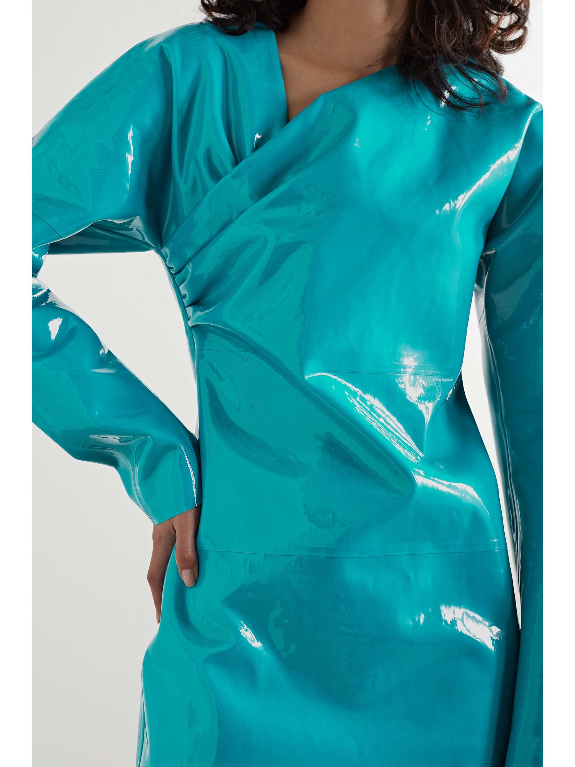 Asymmetric patent-leather mini dress 