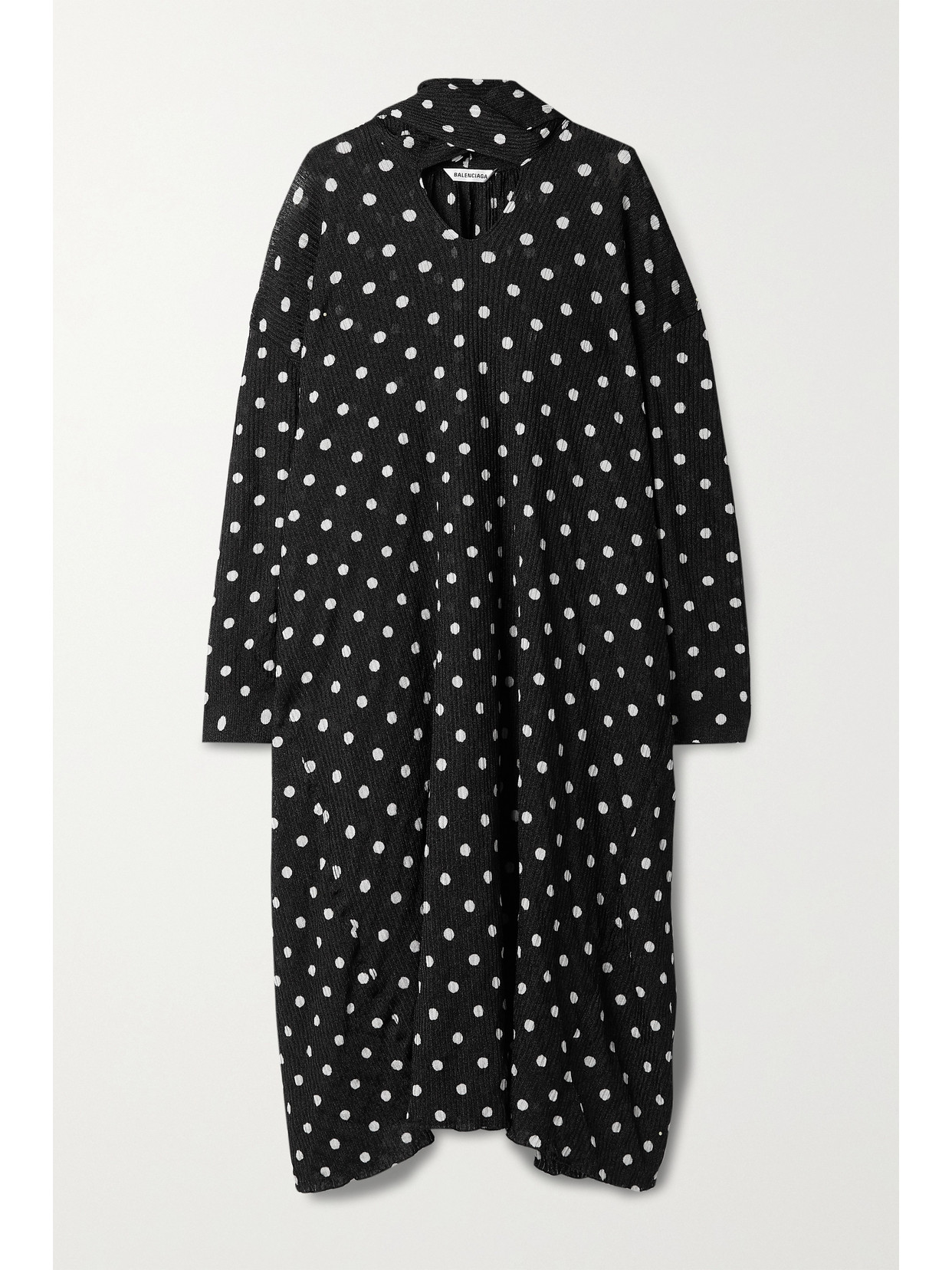 BALENCIAGA OVERSIZED CUTOUT POLKA-DOT RIBBED-KNIT MIDI DRESS