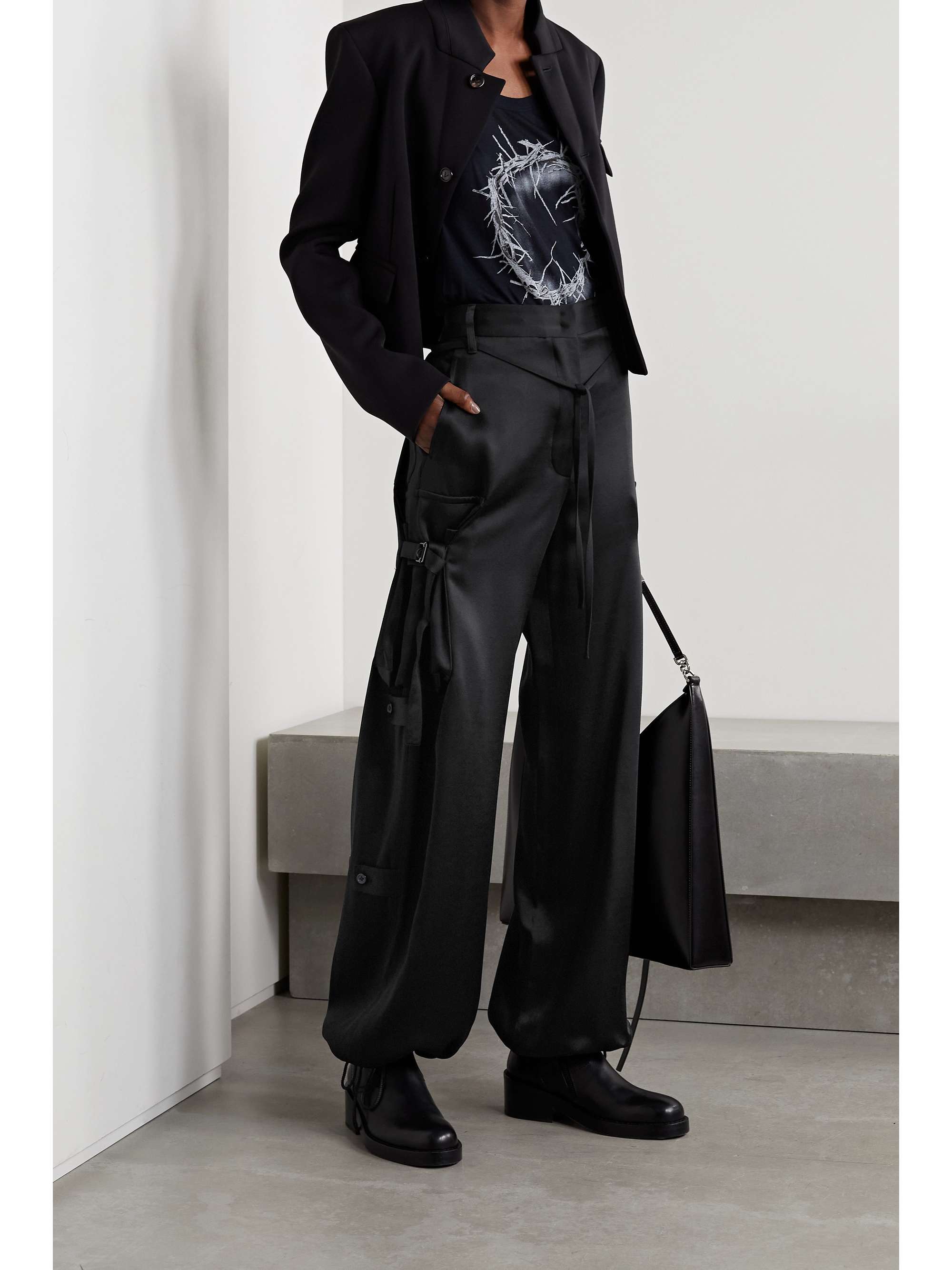 black satin wide leg trousers