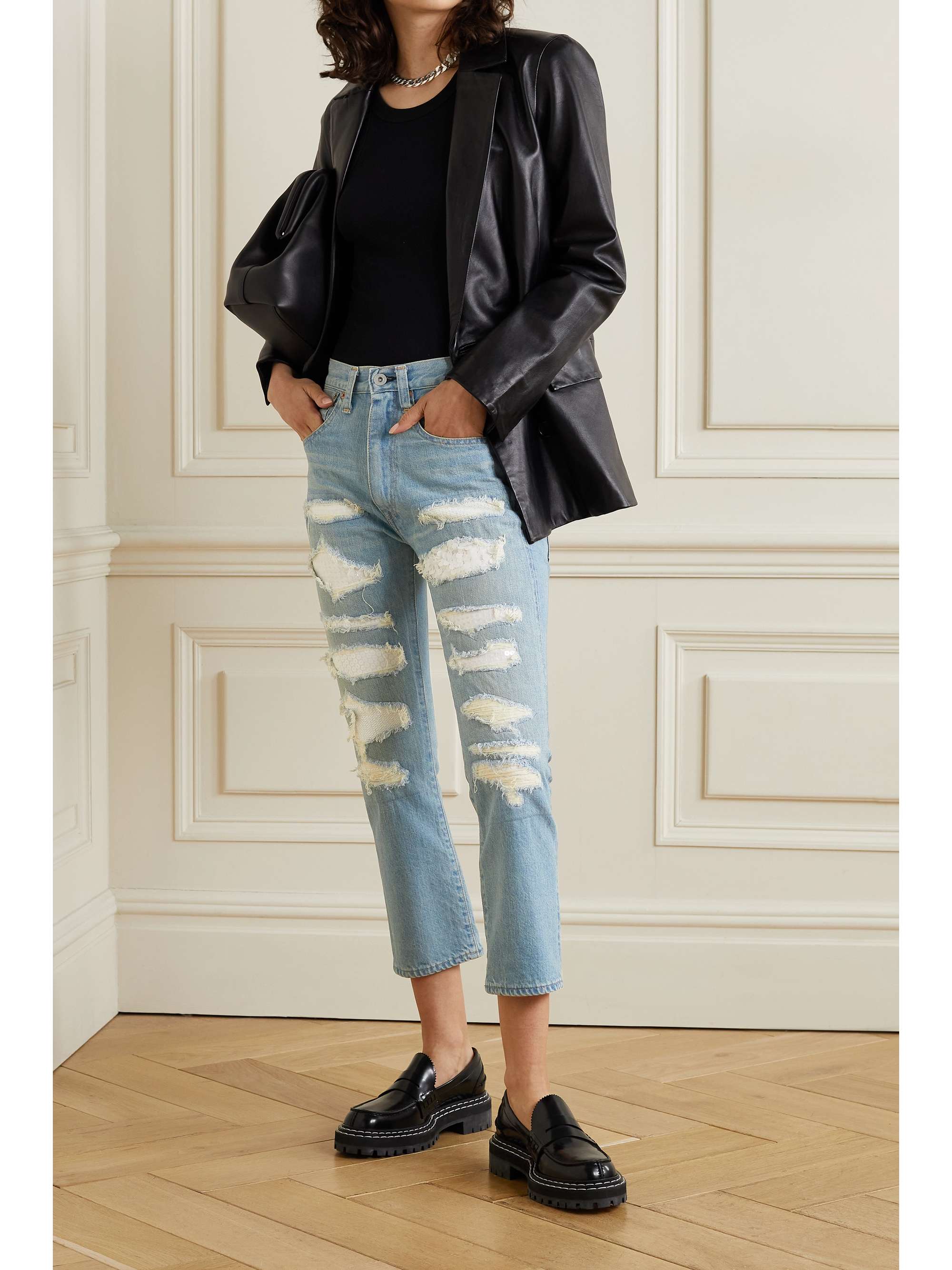 sequin distressed jeans