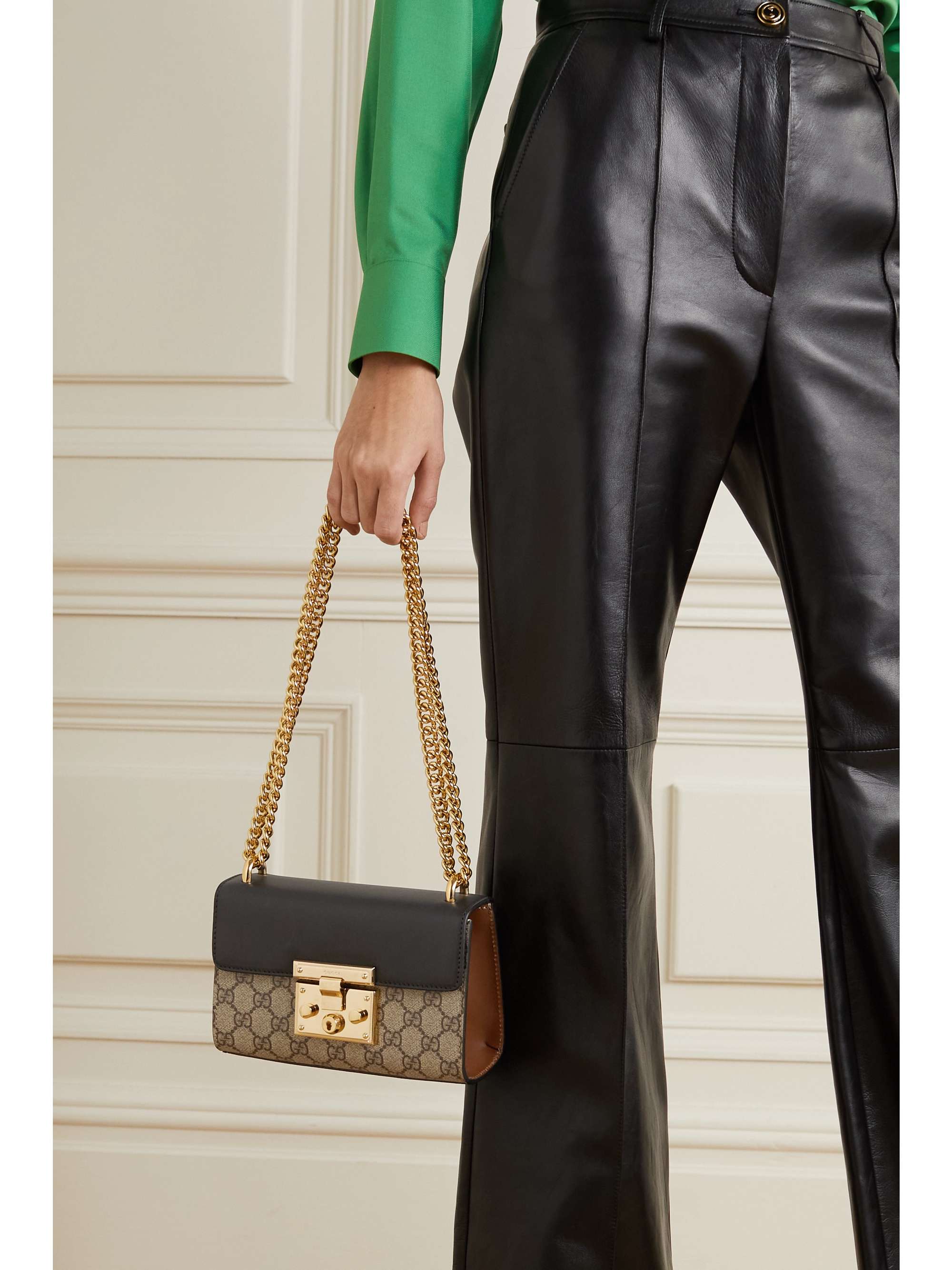 GUCCI Padlock leather and printed coated-canvas shoulder bag