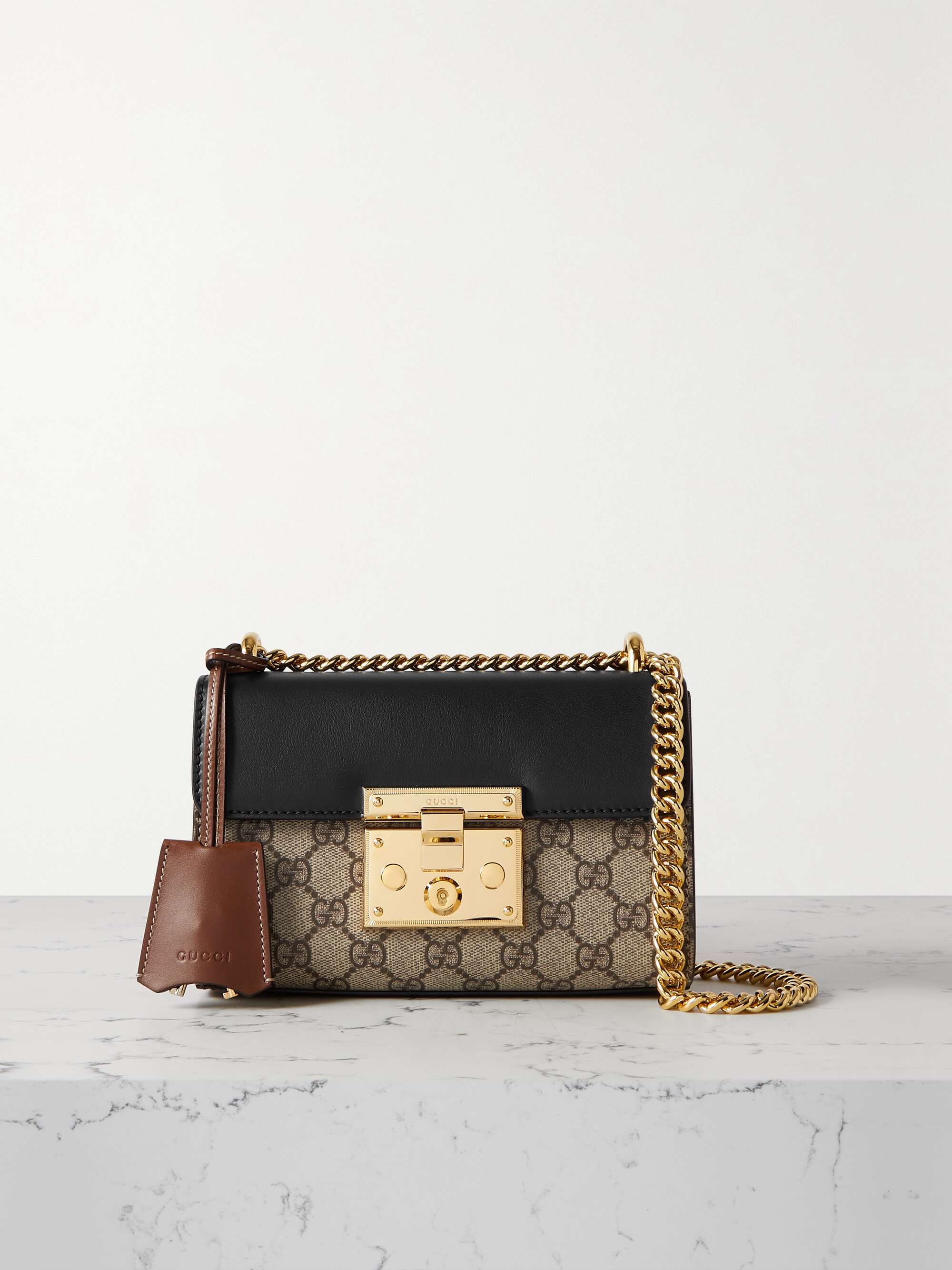 GUCCI Padlock leather and printed coated-canvas shoulder bag | NET-A-PORTER