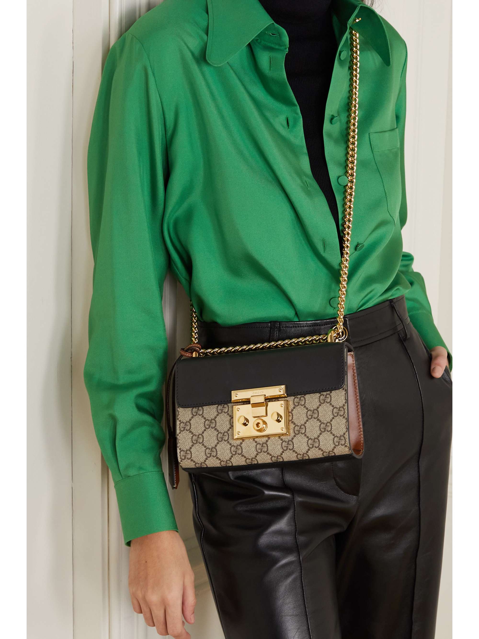 GUCCI Padlock leather and printed coated-canvas shoulder bag