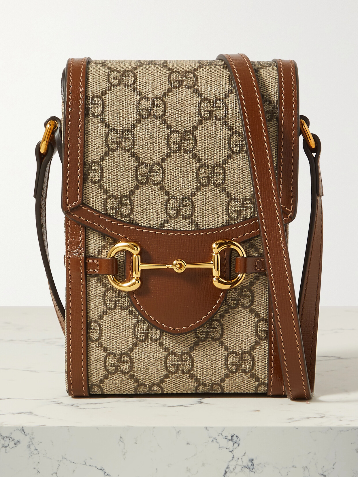 Gucci Horsebit 1955 Leather-trimmed Printed Coated-canvas Pouch In Brown