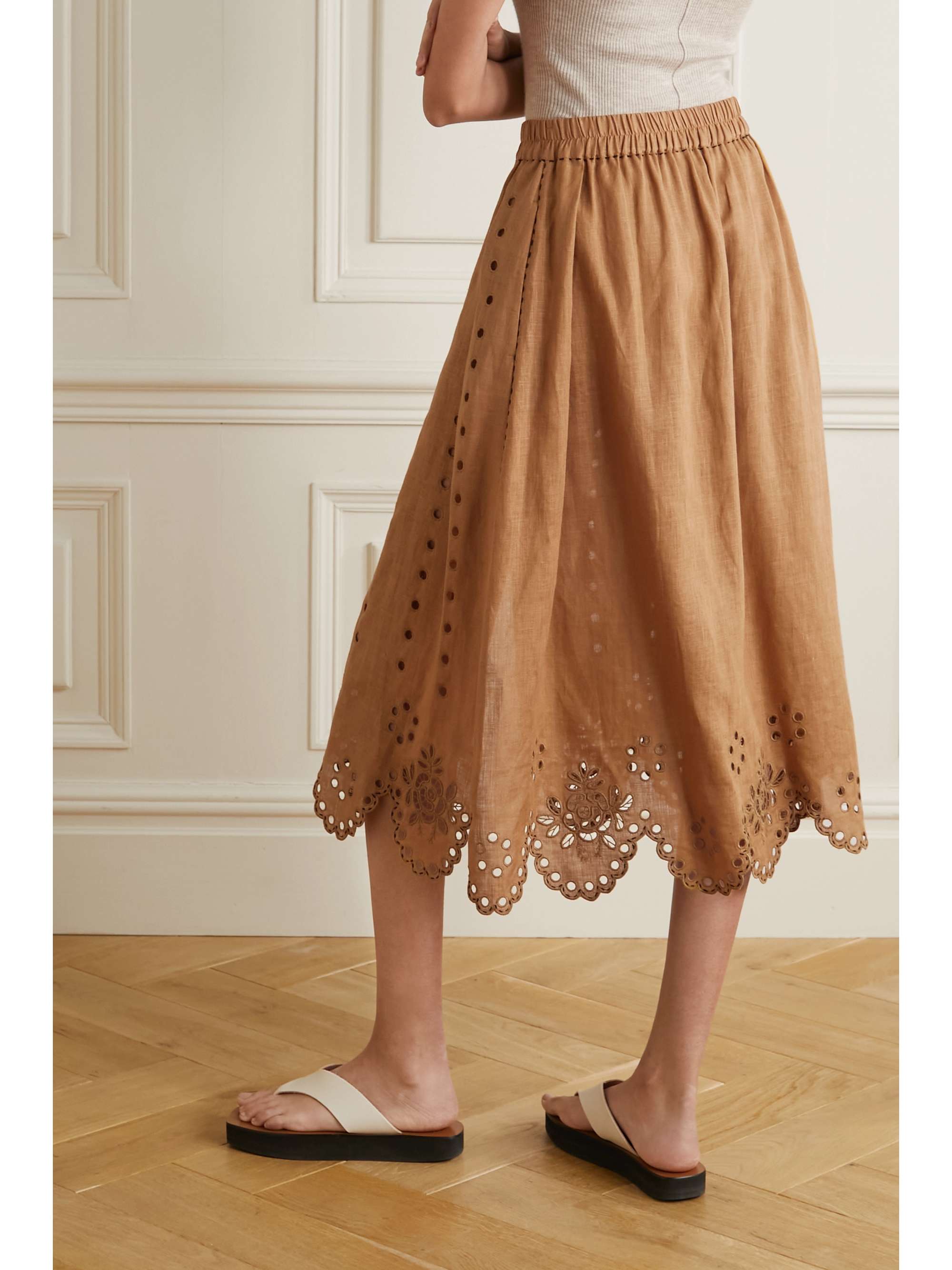 VITA KIN Colette scalloped broderie anglaise linen midi skirt