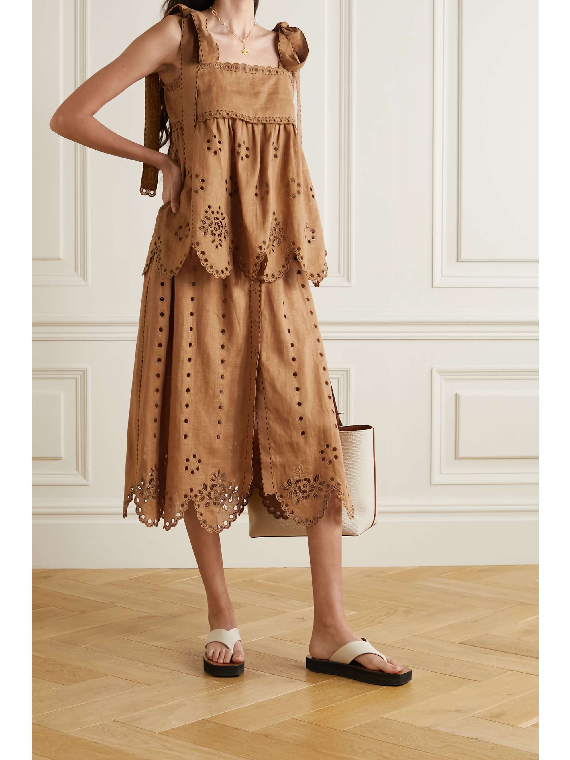 VITA KIN Colette scalloped broderie anglaise linen midi skirt
