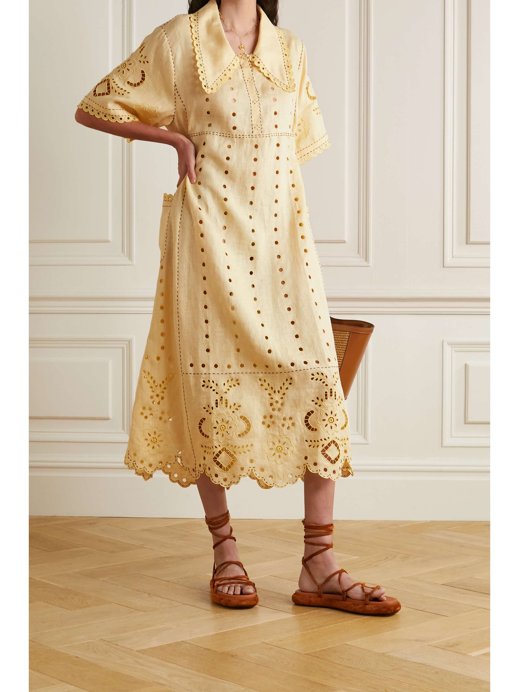 VITA KIN Charlotte belted broderie anglaise linen midi shirt dress