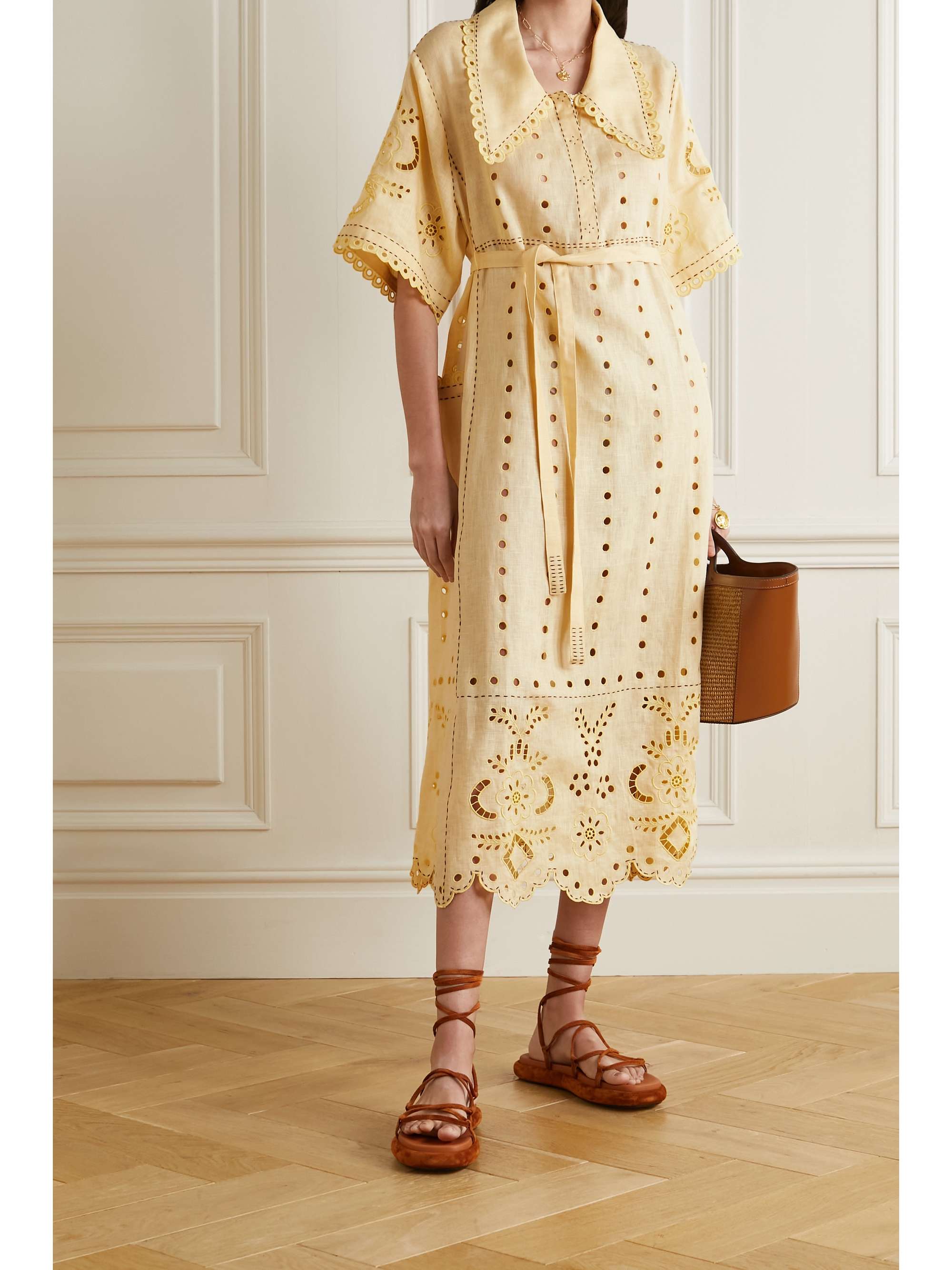 VITA KIN Charlotte belted broderie anglaise linen midi shirt dress
