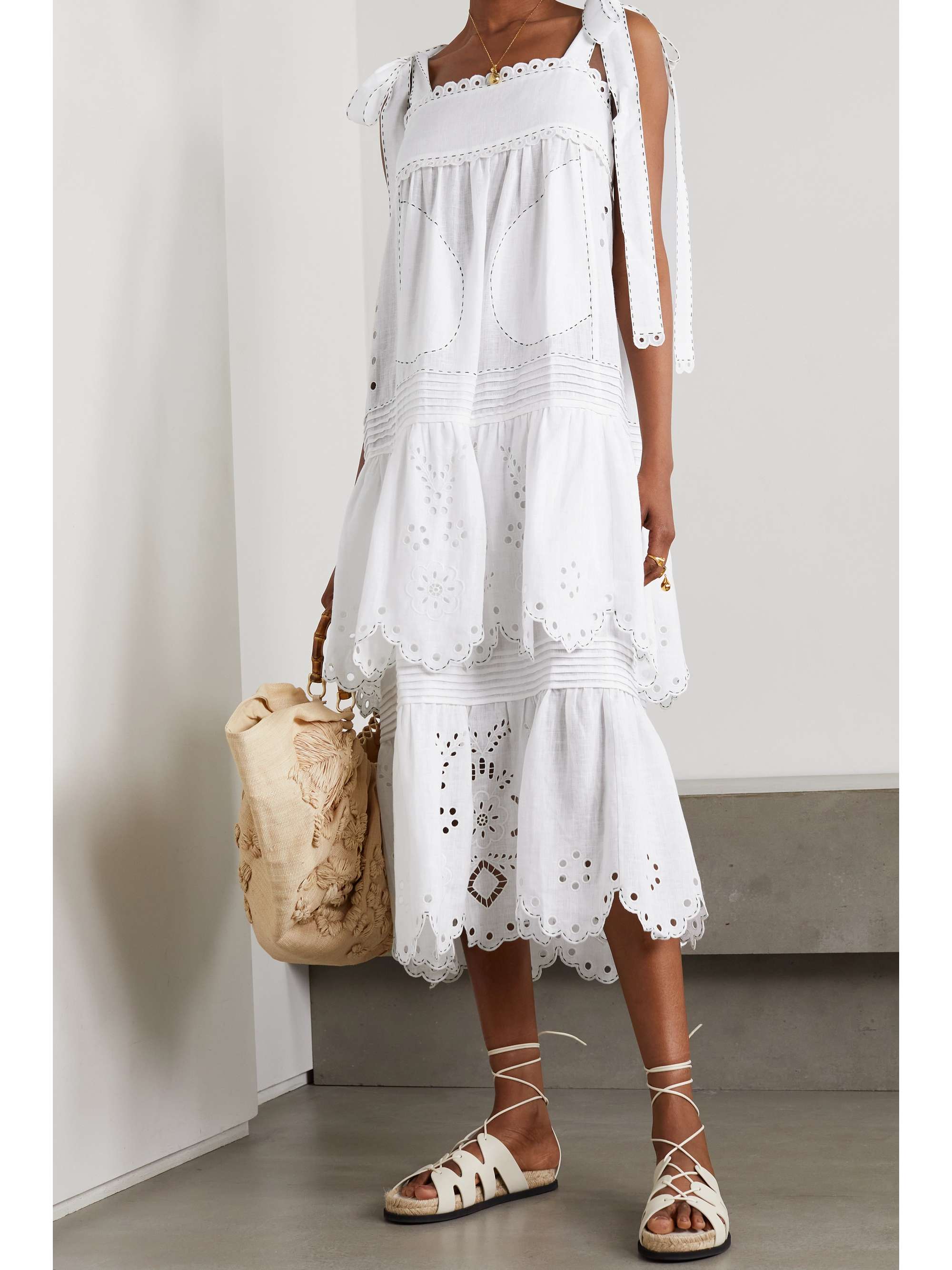 VITA KIN Charlotte tiered broderie anglaise linen midi dress